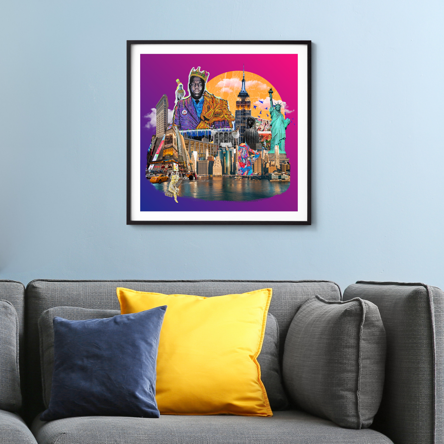 Framed New York City Art Print on a home wall, showcasing the tapestry of Times Square, Soho street art, Biggie mural, and Lincoln Center's cultural landmarks.