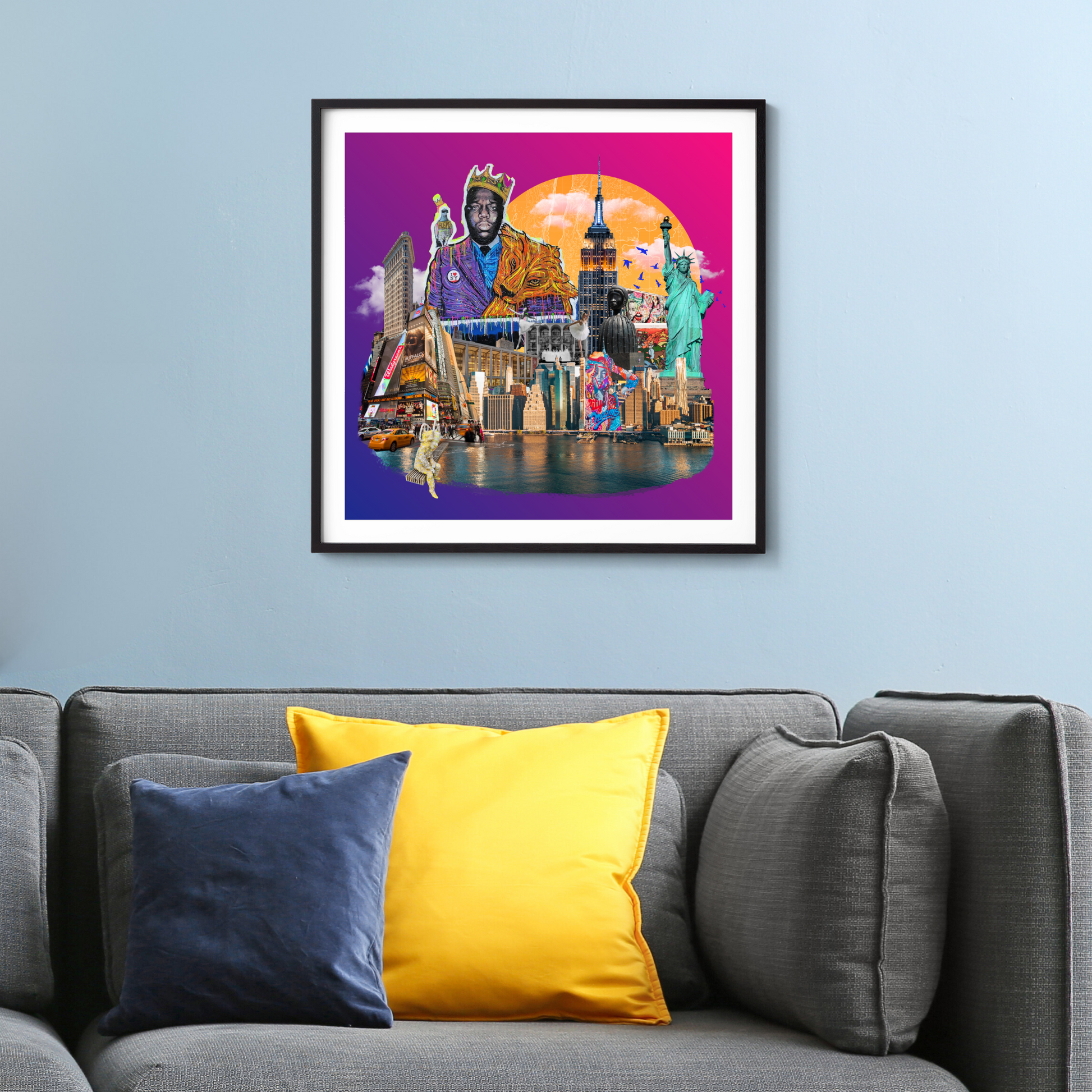 Framed New York City Art Print on a home wall, showcasing the tapestry of Times Square, Soho street art, Biggie mural, and Lincoln Center's cultural landmarks.