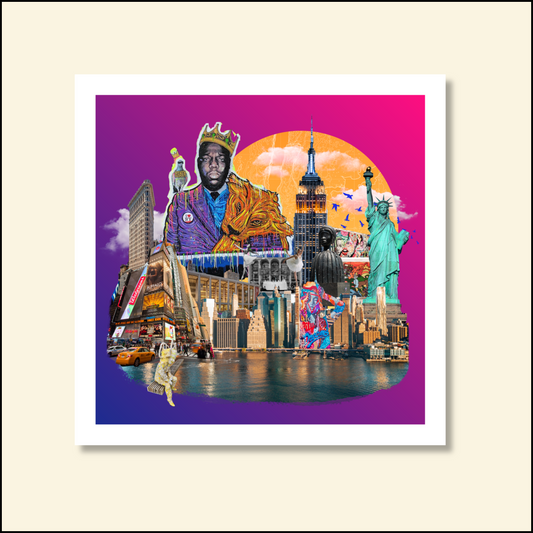 New York City Art Print featuring iconic cityscape, including Biggie mural and Times Square billboards. A great choice from our cities series collection.