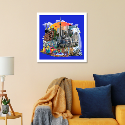 Ontario, Canada Art Print beautifully displayed on a living room wall, showcasing iconic Niagara Falls, Eastern White Pine, and White Trillium – Perfect for adding cultural flair to your home decor.