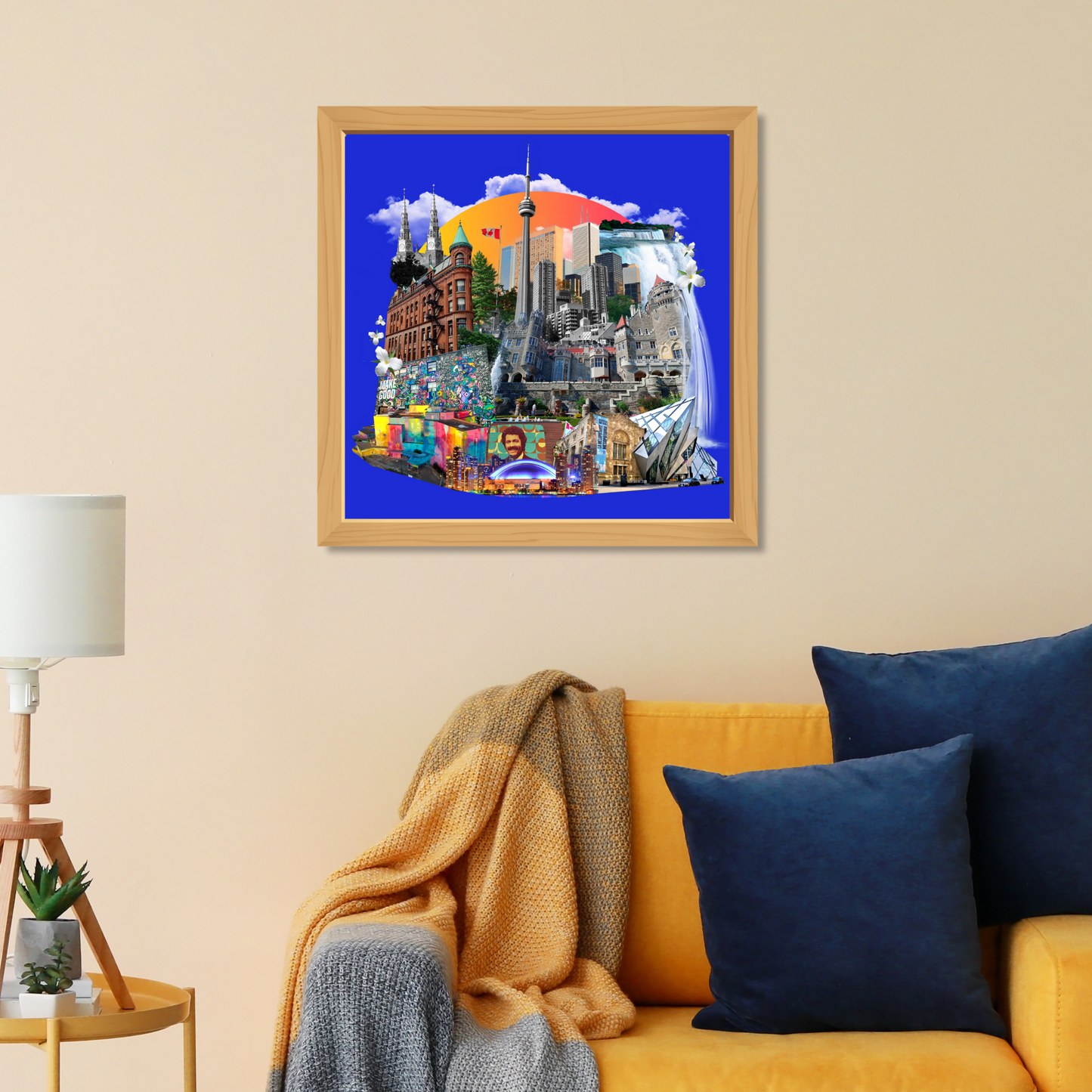 Framed Ontario, Canada Art Print hanging in a stylish home setting, highlighting Niagara Falls, Eastern White Pine, and White Trillium – An original collage that enhances any space.