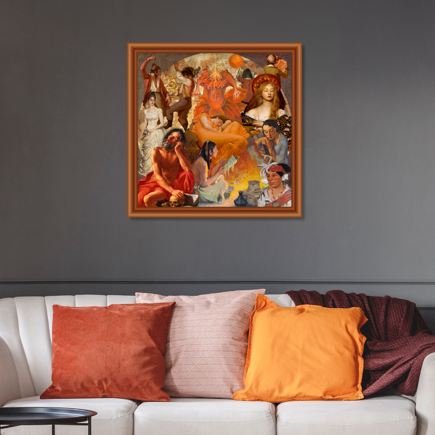Framed orange art print on the wall, bringing warmth, energy, and a touch of modern elegance to the room.