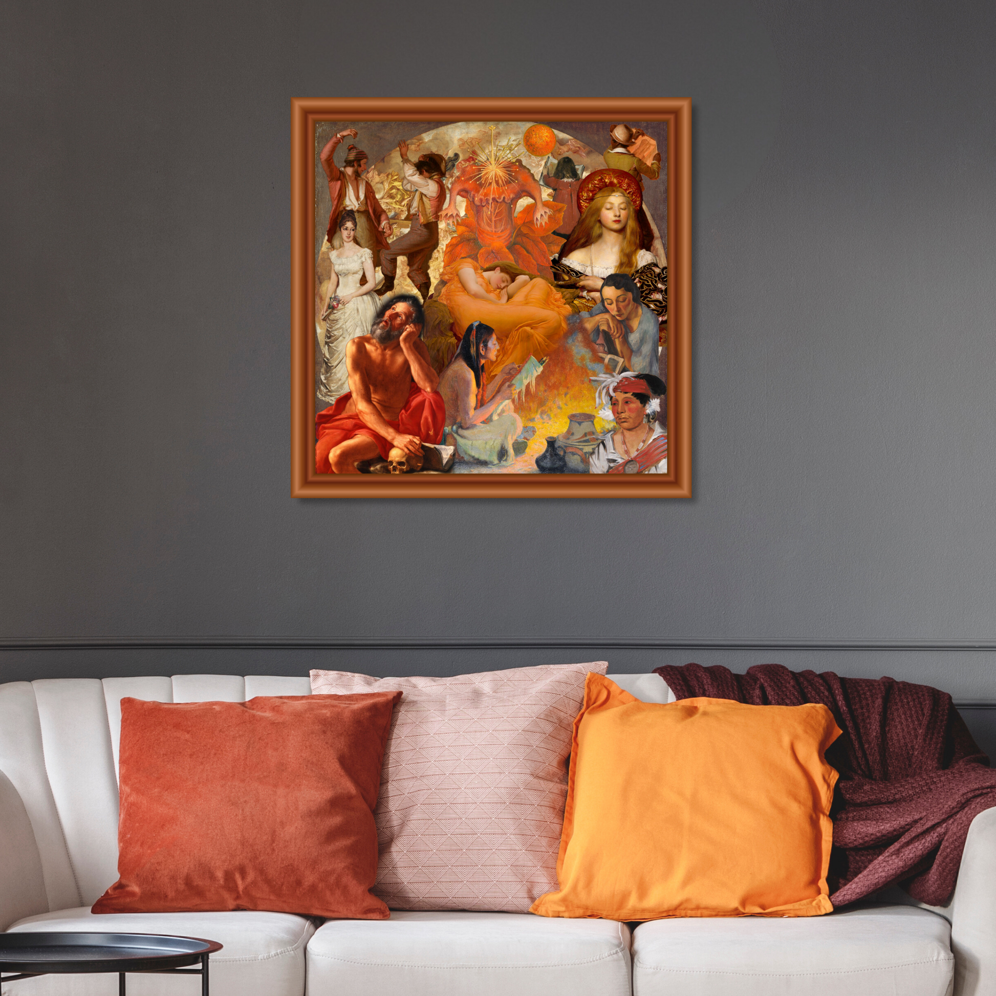 Framed orange art print on the wall, bringing warmth, energy, and a touch of modern elegance to the room.