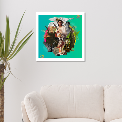 Palm Leaf Art Print displayed in a modern living room. The artwork showcases palm leaves, highlighting themes of peace and serenity, adding elegance and natural beauty to the decor.