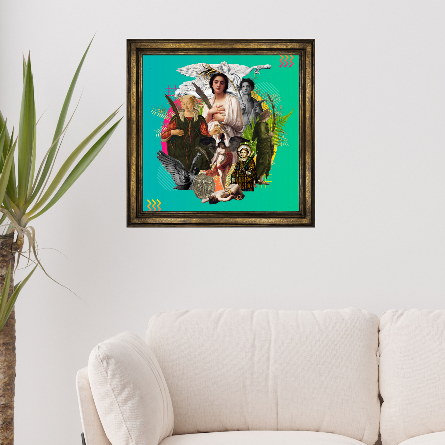 Framed Palm Leaf Art Print in a stylish living room. The print features palm leaves, representing tranquility and elegance, enhancing the room with its natural and sophisticated design.