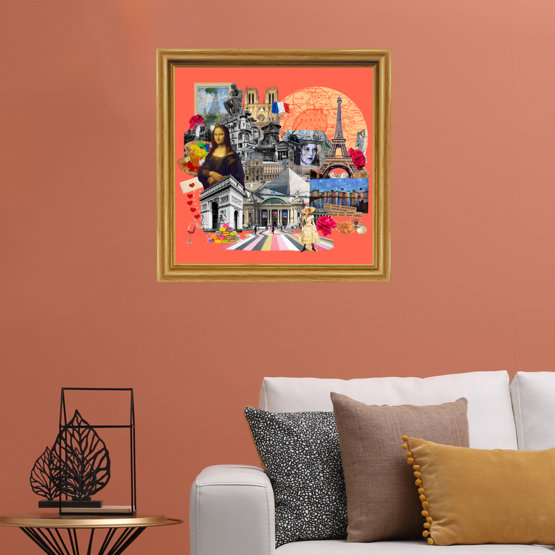 Framed Paris, France Wall Art collage displaying iconic landmarks like the Eiffel Tower, Arc de Triomphe, and the River Seine, adding Parisian elegance and a nod to the city’s lively art culture to any space.