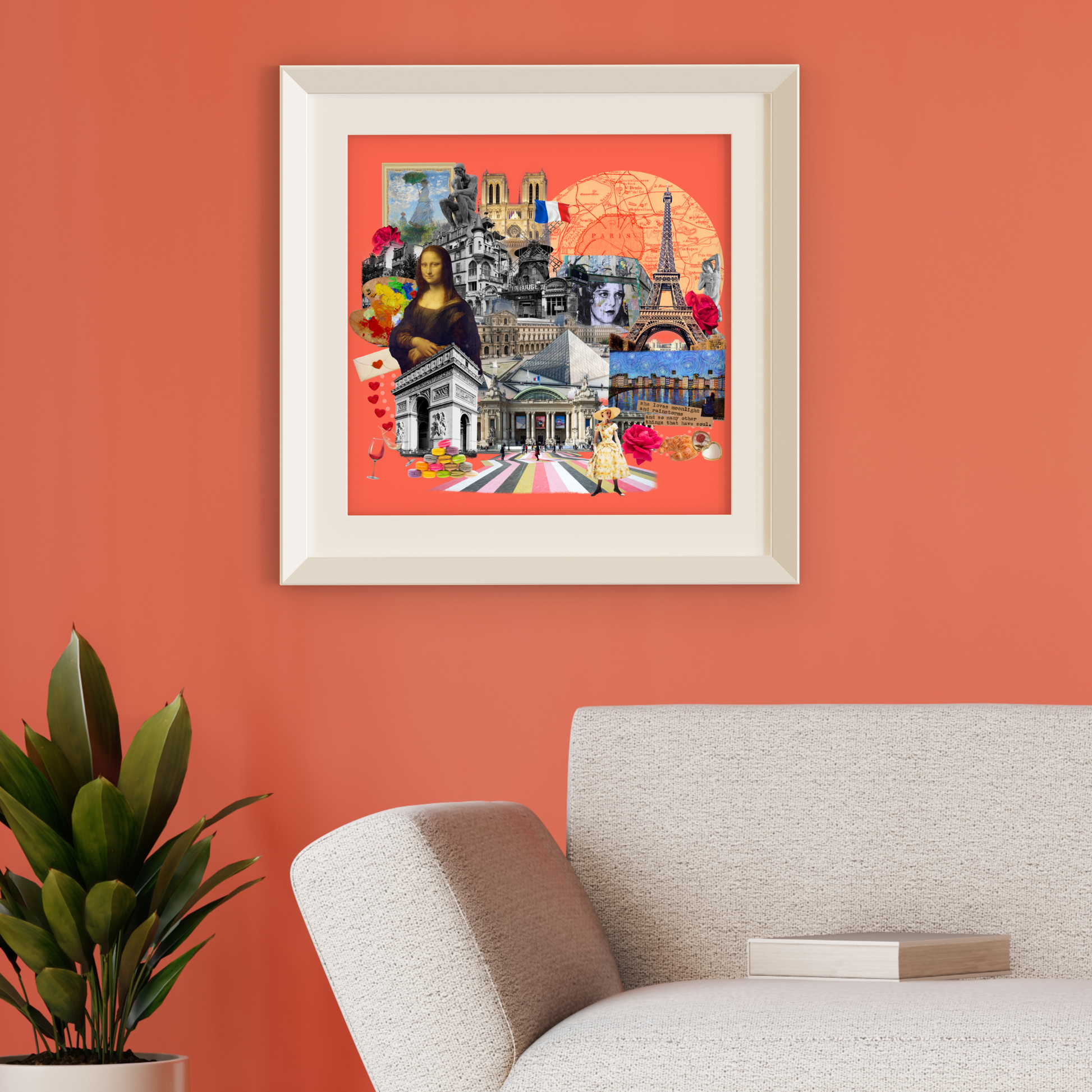 Paris, France Art Print framed original collage on a home wall, featuring Parisian landmarks such as the Eiffel Tower, the Arc de Triomphe, and the River Seine. An elegant addition to any room, reflecting the city’s vibrant art scene.