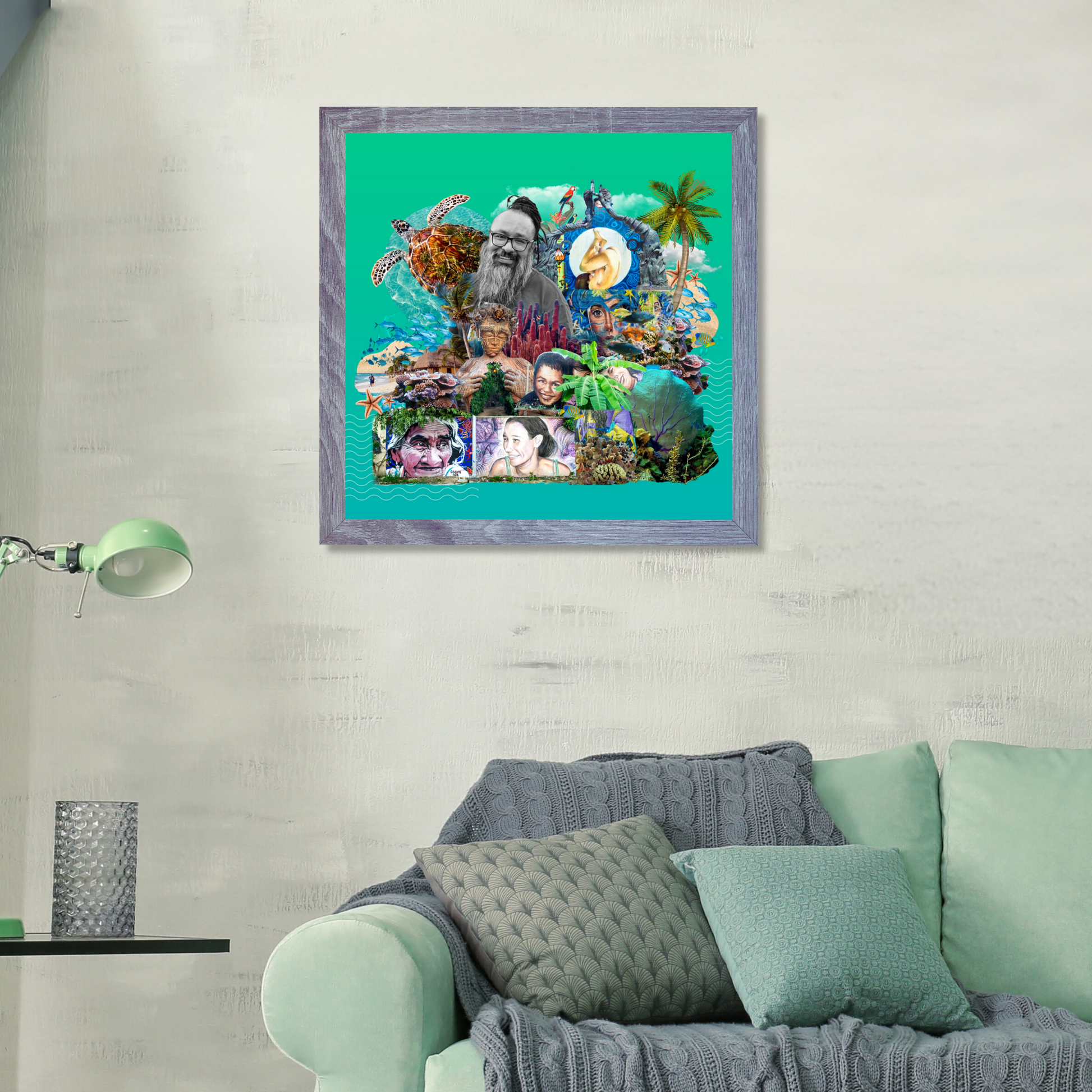 Playa del Carmen, Mexico Art Print framed original collage on a home wall, highlighting Playa del Carmen’s coral reefs, President Goyo’s community program, and the Portal Maya Sculpture. A perfect blend of local culture and natural beauty.