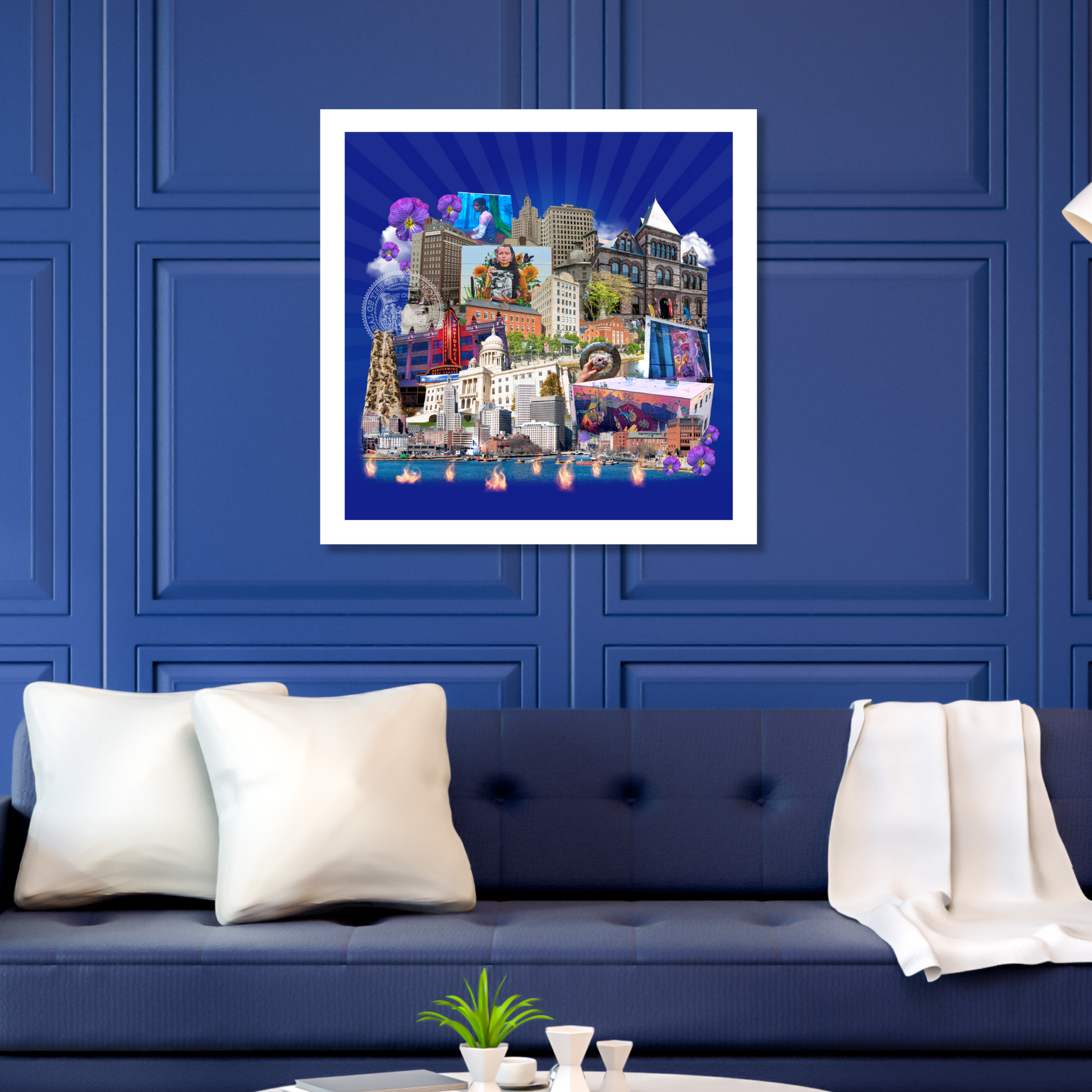 Providence, Rhode Island Art Print displayed on a wall, showcasing city symbols, English colonizer history, vibrant violet flowers, and the famous WaterFire events.