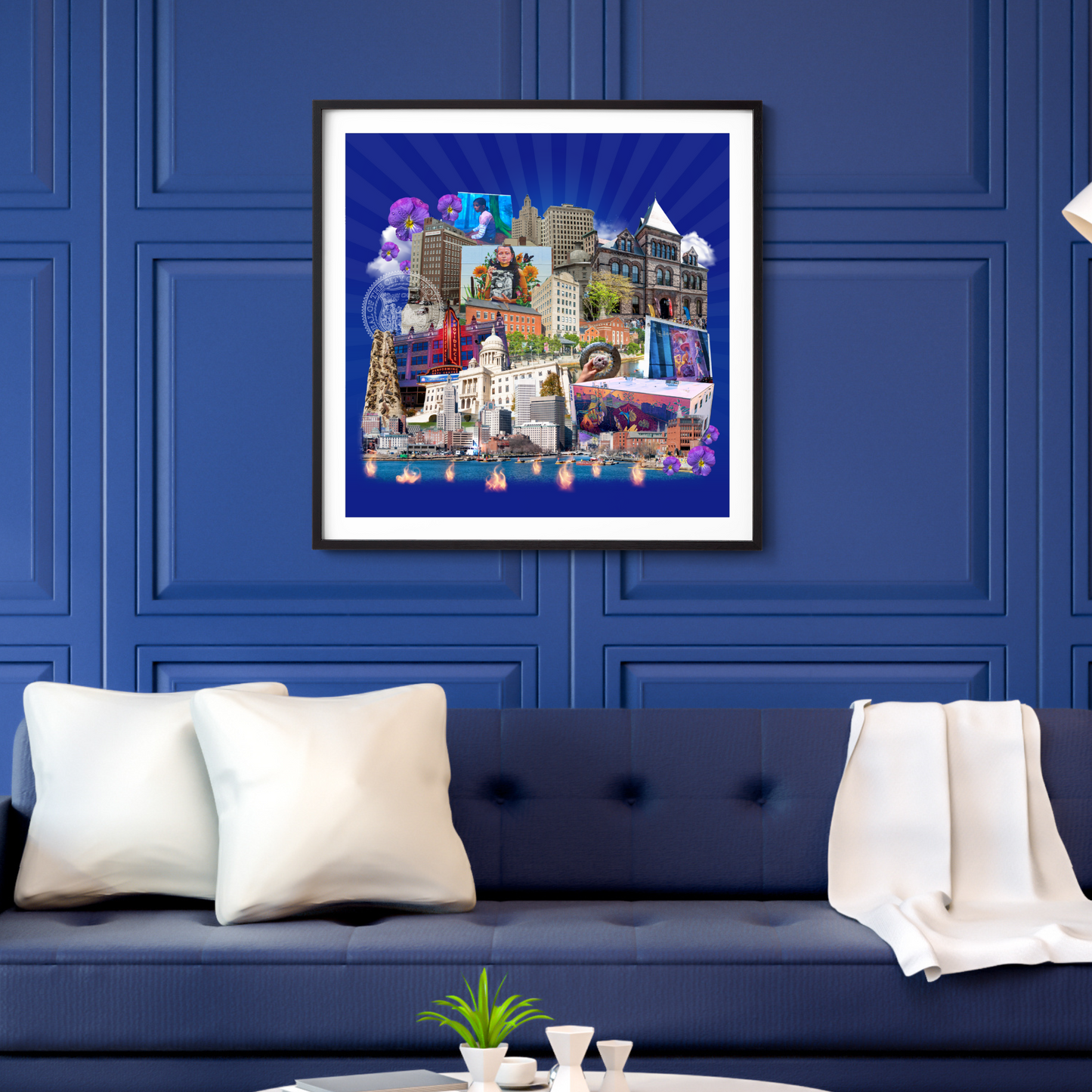 Providence, Rhode Island Art Print in a frame, featuring state capital elements, coffee and donut shops, violet flowers, and the picturesque river with WaterFire installations.