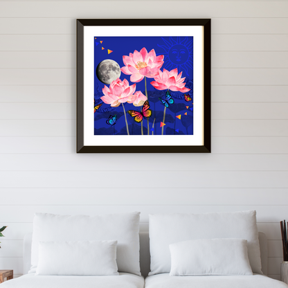 Framed The Rebirth Lotus Flower Art Print hanging on a home wall. The art print features a detailed lotus flower, butterfly, moon, and sun, providing a sophisticated and enchanting touch to your decor.