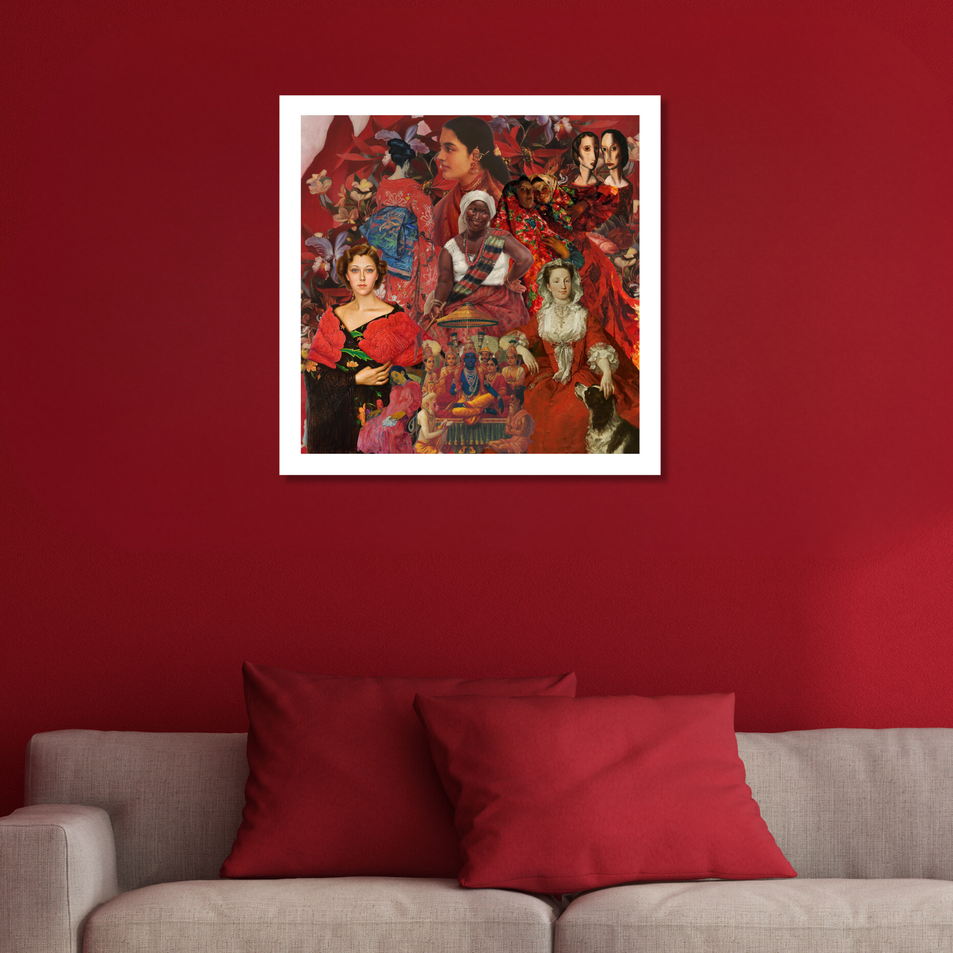 Red art print on the wall, bringing passion and energy to a modern living room or office space