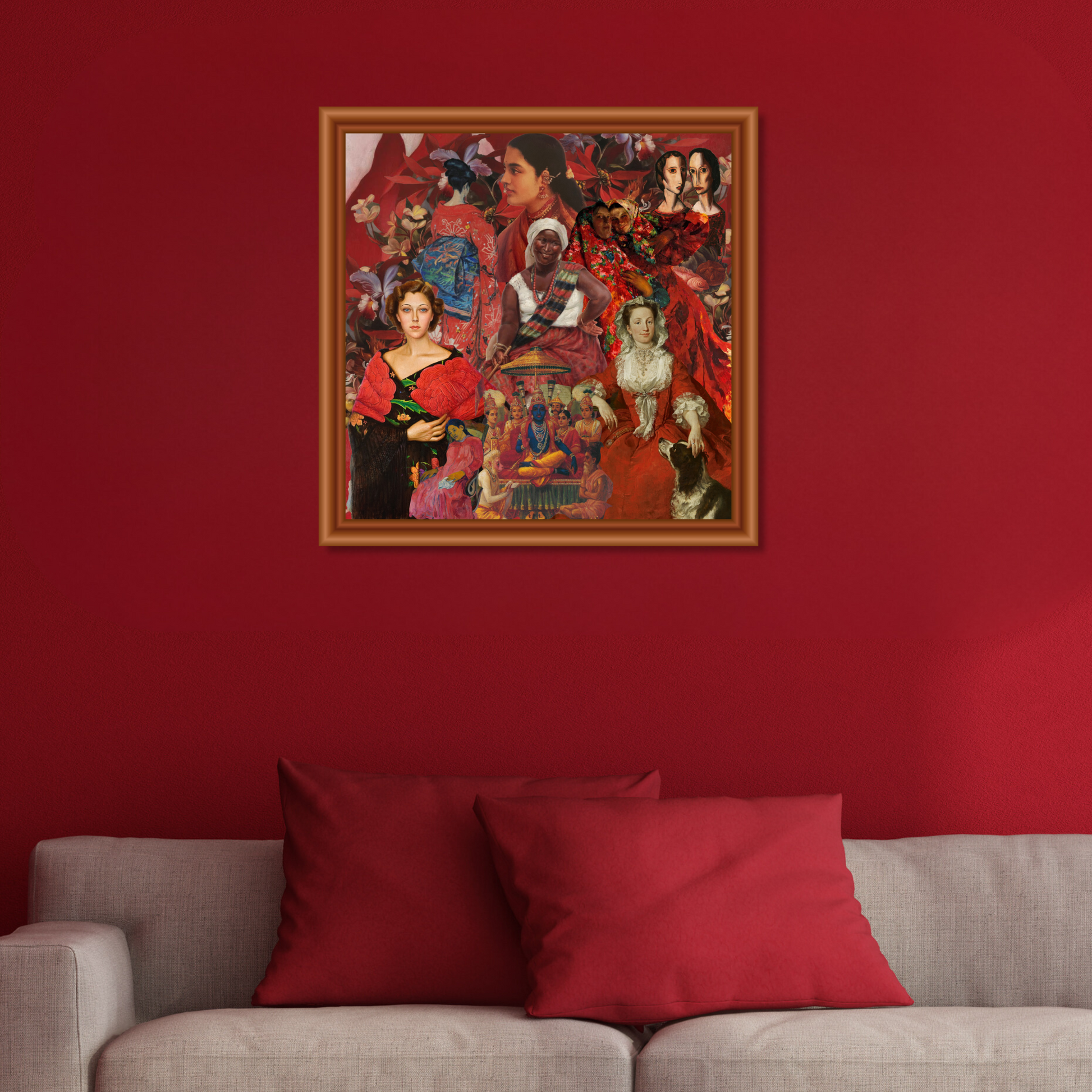 Framed red art print on the wall, adding an intense pop of color to home or office decor