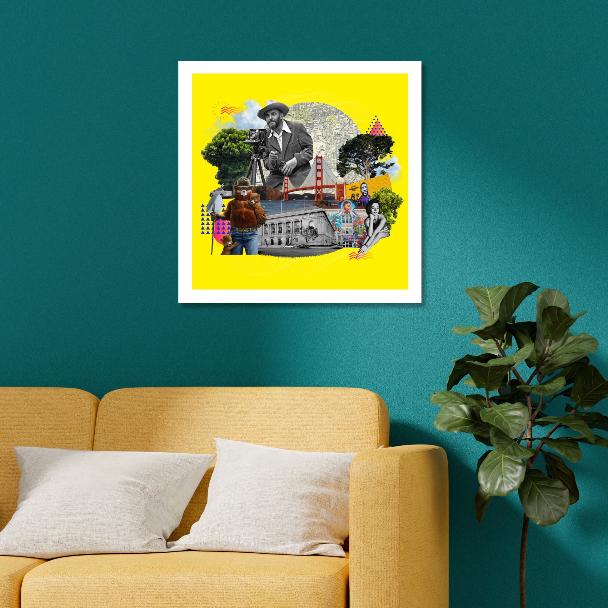 San Francisco, CA Art Print hanging on the wall – Captures the iconic Golden Gate Bridge, fog, Smokey the Bear, and vibrant street art. Ideal for home or office decoration.