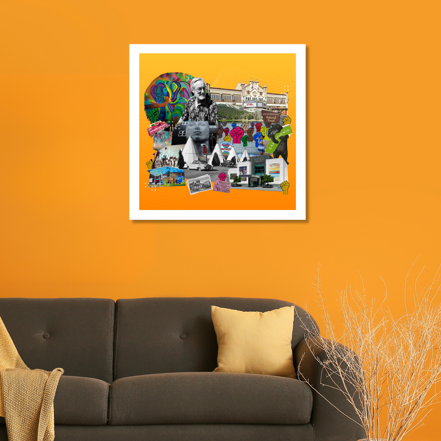 San Bernardino, California Art Print displayed on a home wall, showcasing nature symbols, agriculture themes, and wine vineyards, enhancing any room with our vibrant original collage.