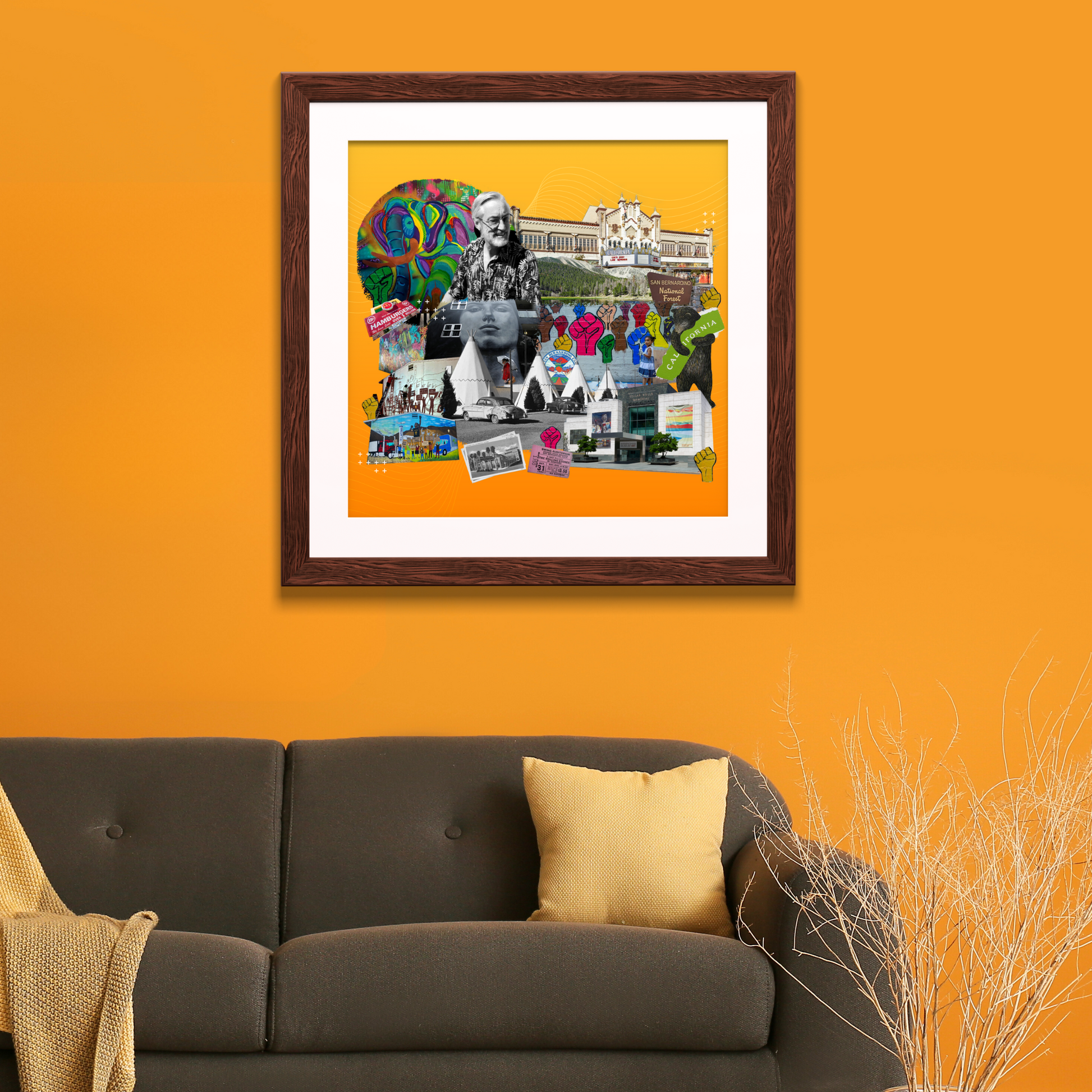 Framed San Bernardino, CA Art Print on a home wall, featuring detailed street art, religious symbols, and California vineyards, perfect for adding character to your decor.