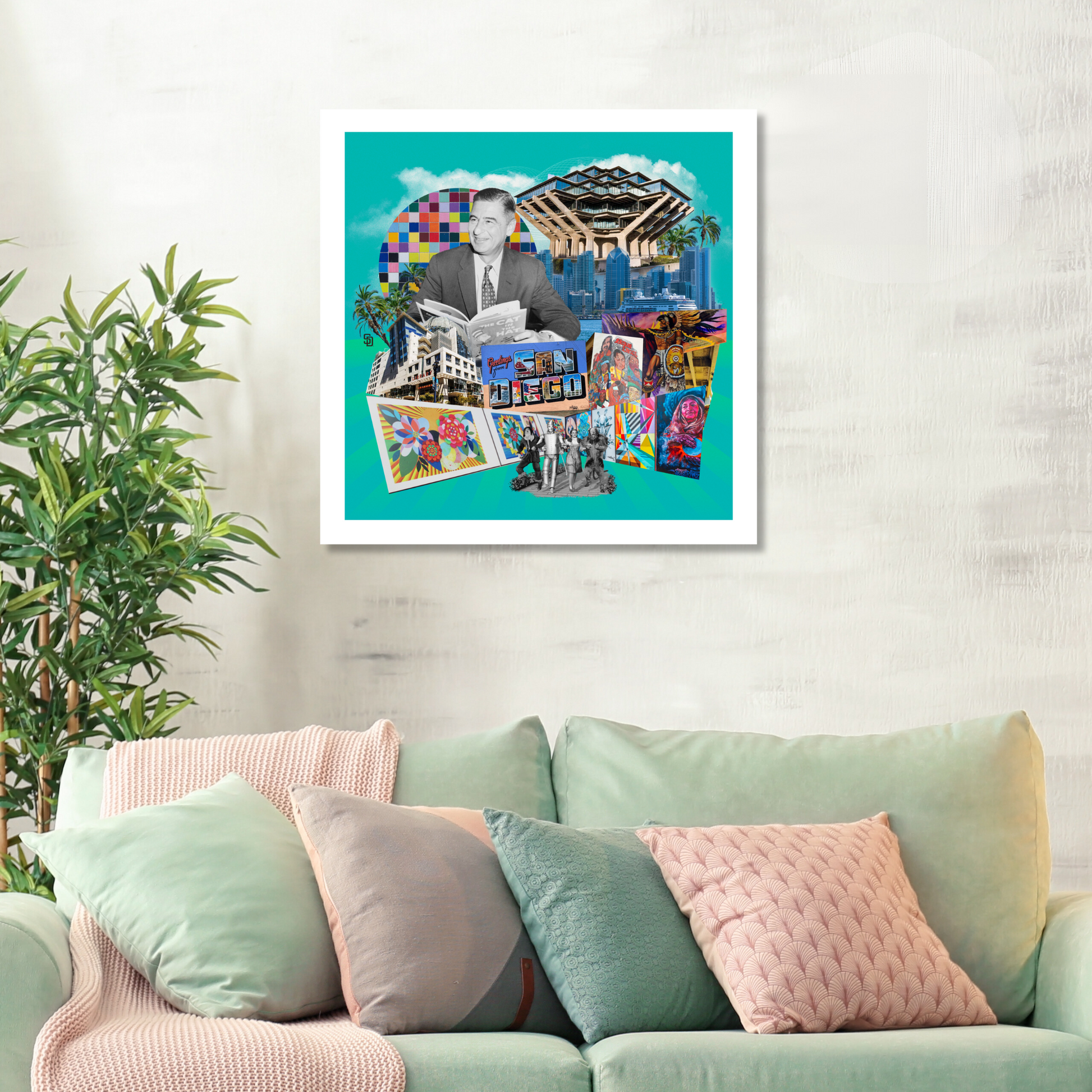 San Diego, California Art Print displayed on a living room wall, featuring Bay symbols, Dr. Seuss, Wizard of Oz, and Padres street art. A great choice from our cities series collection.