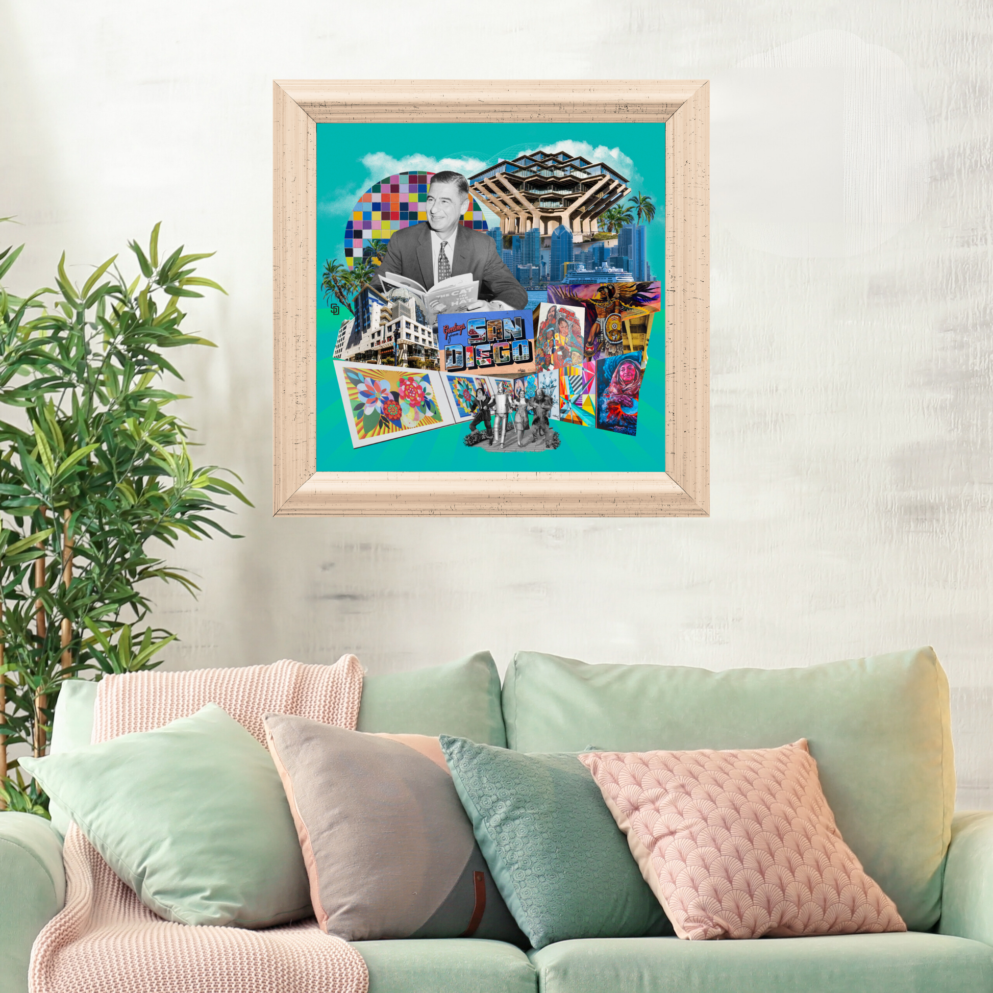Framed San Diego, California Art Print showcasing Bay symbols, Padres imagery, and San Diego street art with Dr. Seuss and Wizard of Oz details elegant addition to any home decor.