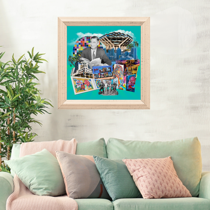 Framed San Diego, California Art Print showcasing Bay symbols, Padres imagery, and San Diego street art with Dr. Seuss and Wizard of Oz details elegant addition to any home decor.