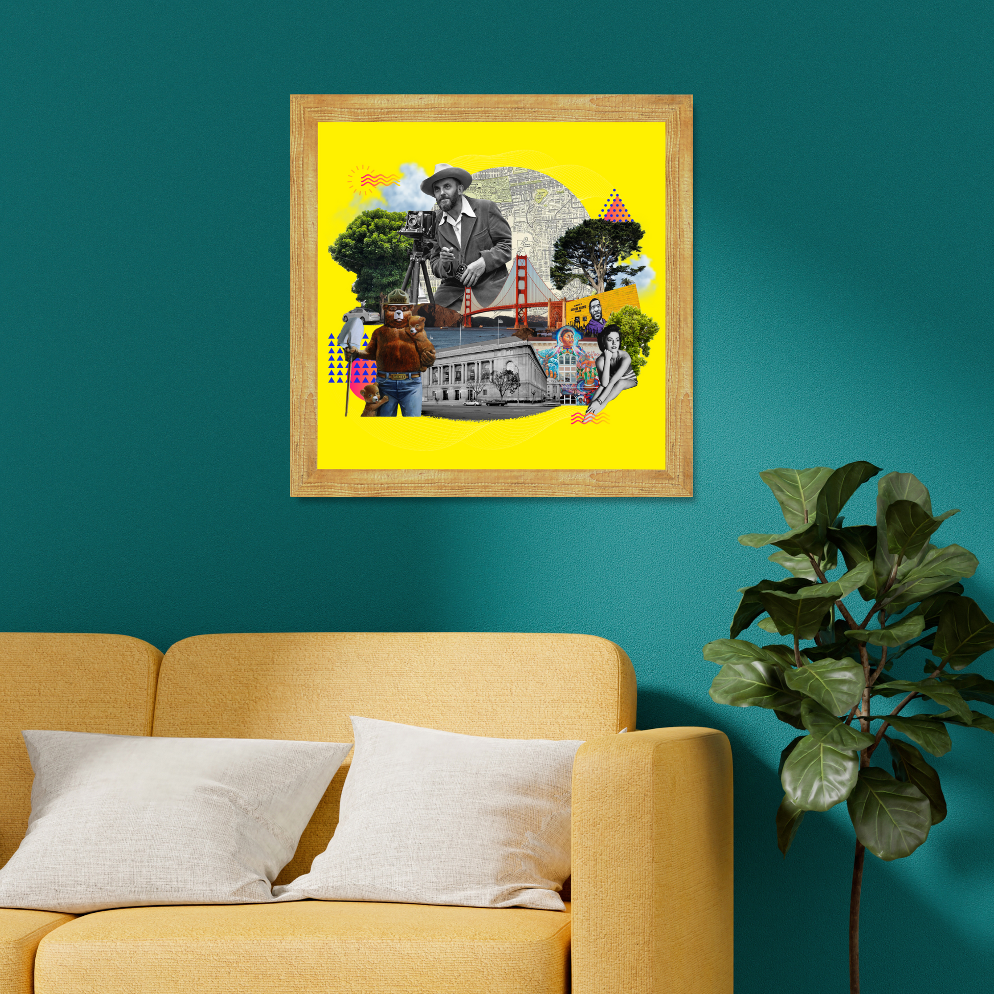 San Francisco, CA Art Print framed on the wall – Showcases the Golden Gate Bridge, foggy skyline, Smokey the Bear, and artistic street murals. A sophisticated addition to any room.