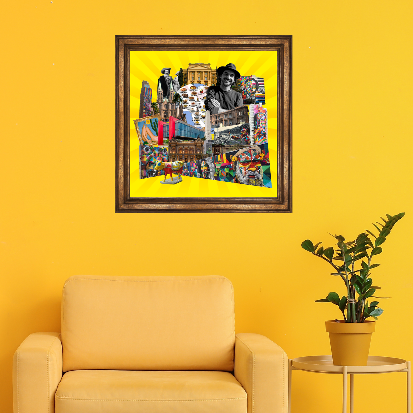 Framed São Paulo, Brazil Wall Art collage featuring cultural icons like the Museu do Ipiranga, Pinacoteca, and Eduardo Kobra’s street art, adding a touch of Brazilian heritage and artistry to any decor.