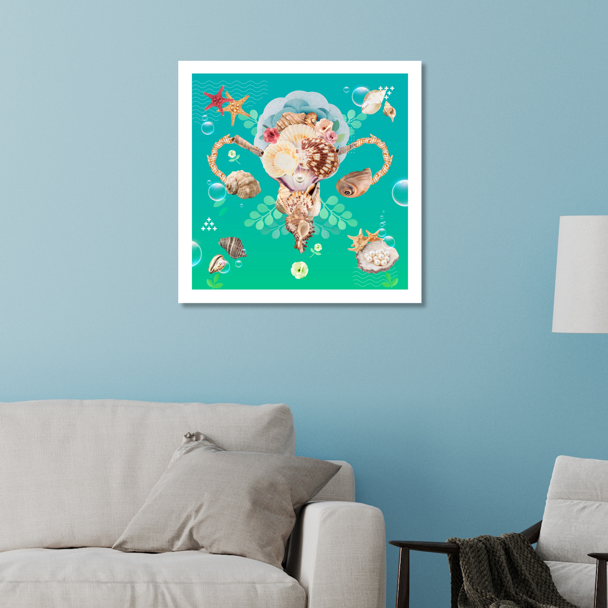 Seashells Art Print displayed on a wall in a home, showcasing elegant digital artwork of seashells.
