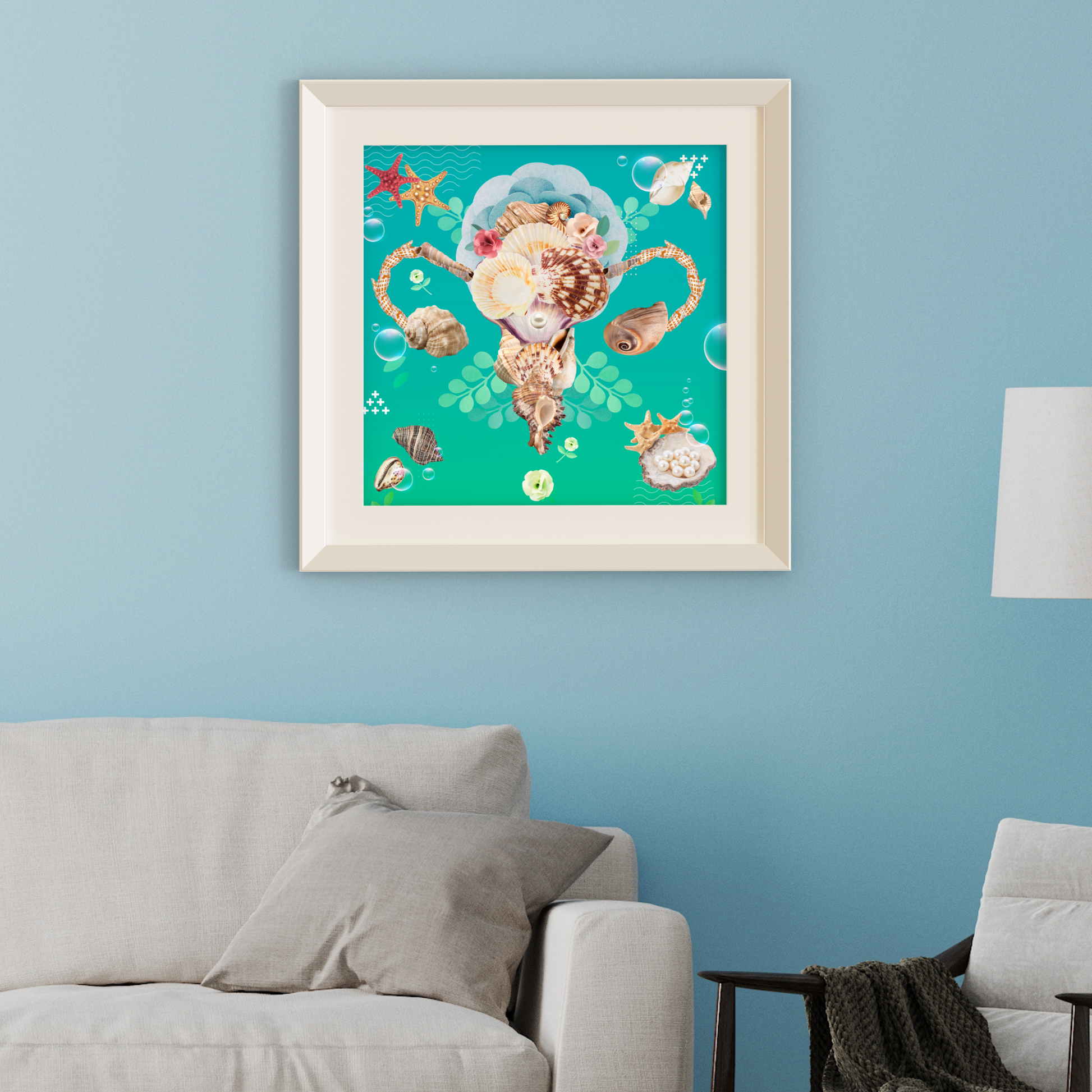 Framed Seashells Art Print hanging on a wall in a modern living room, featuring high-quality digital artwork of detailed seashells.