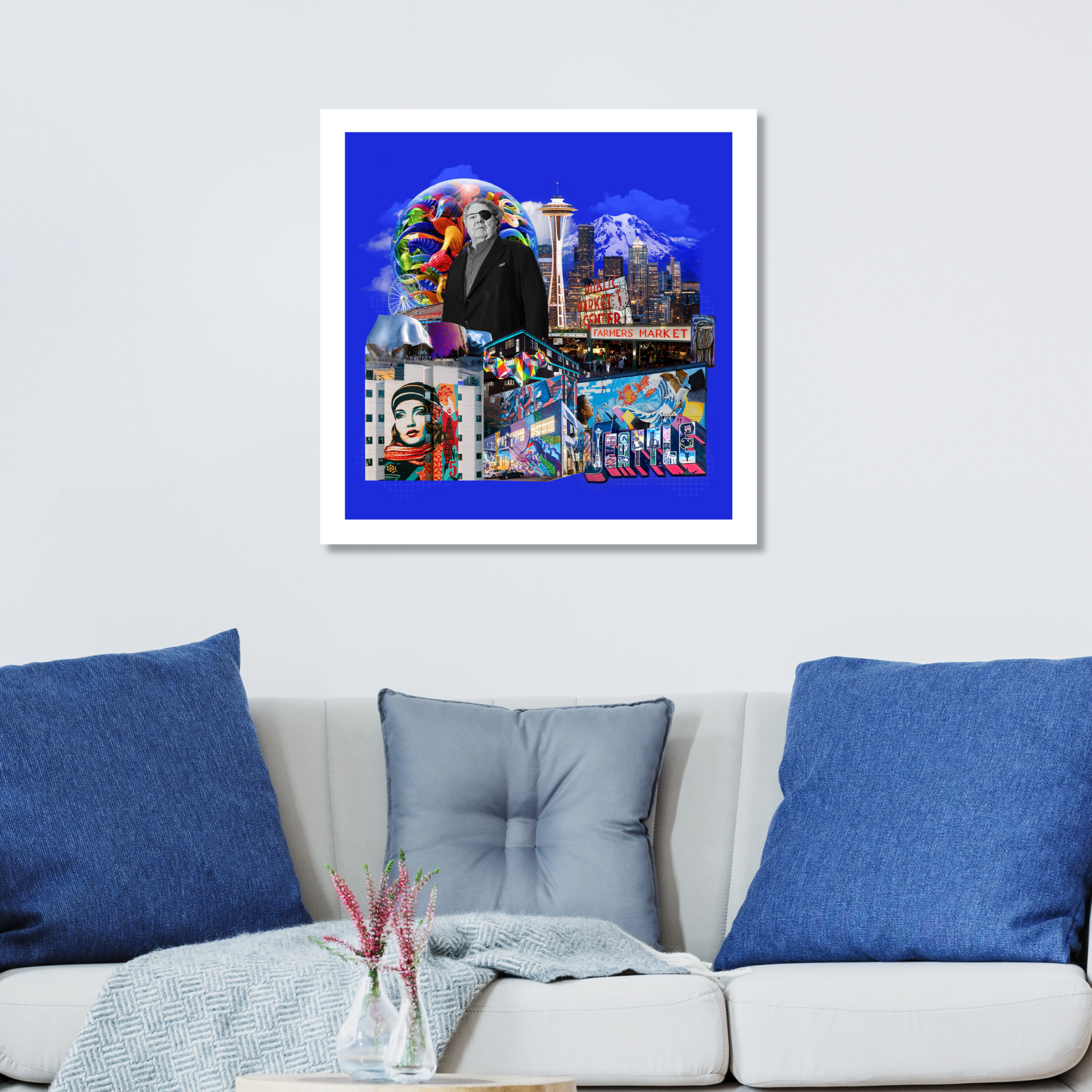 Seattle, WA Art Print displayed on a home wall, showcasing the Space Needle, Seattle street art, and local farmers markets, ideal for art prints and original artwork.