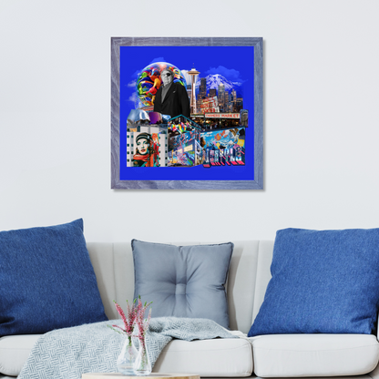 Framed Seattle WA Art Print hanging on a home wall, capturing the Space Needle, vibrant Seattle street art, and farmers markets. A great choice from our cities series collection.