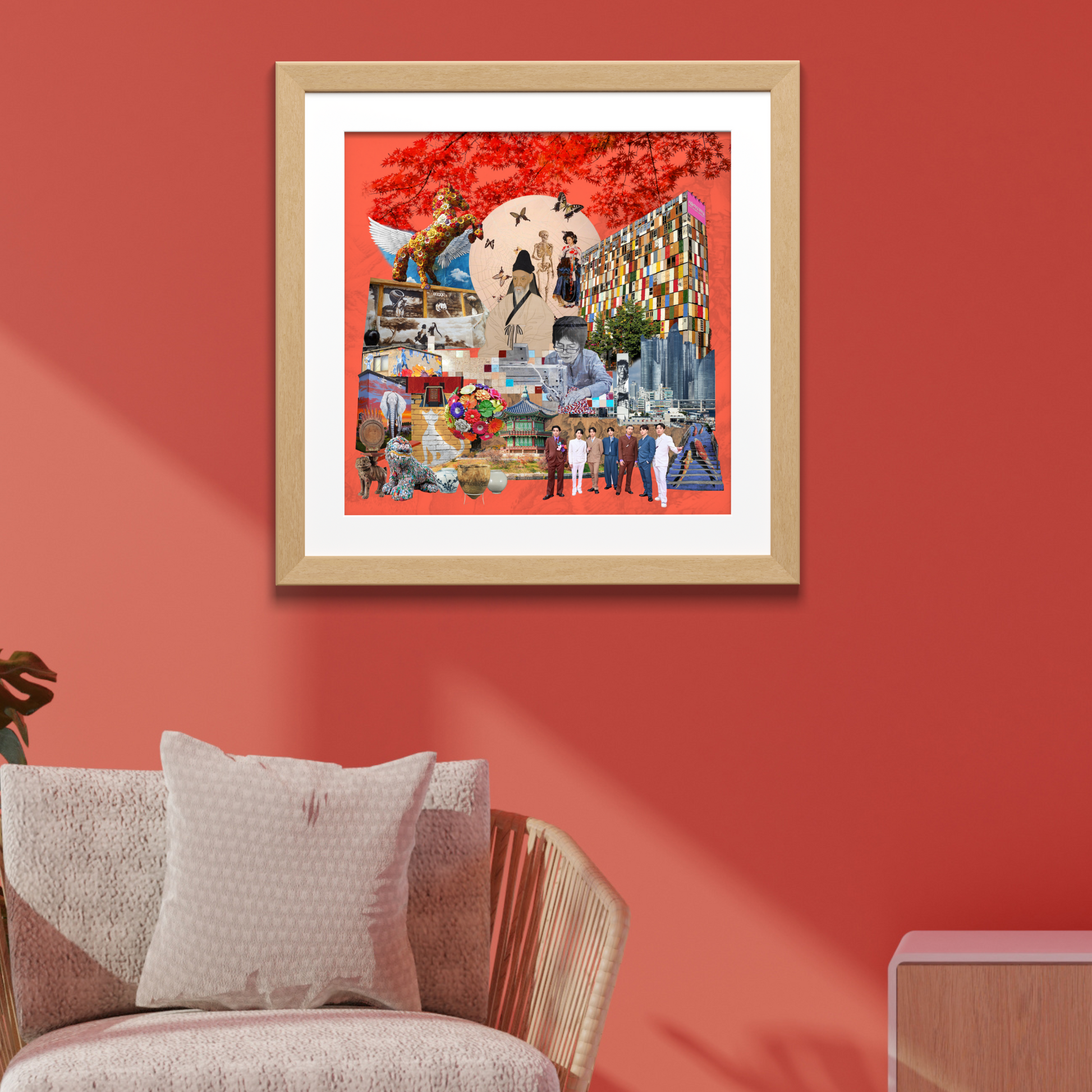 Framed Seoul, South Korea Art Print displayed on a home wall, capturing historic landmarks, Korean history story art, and dynamic street art