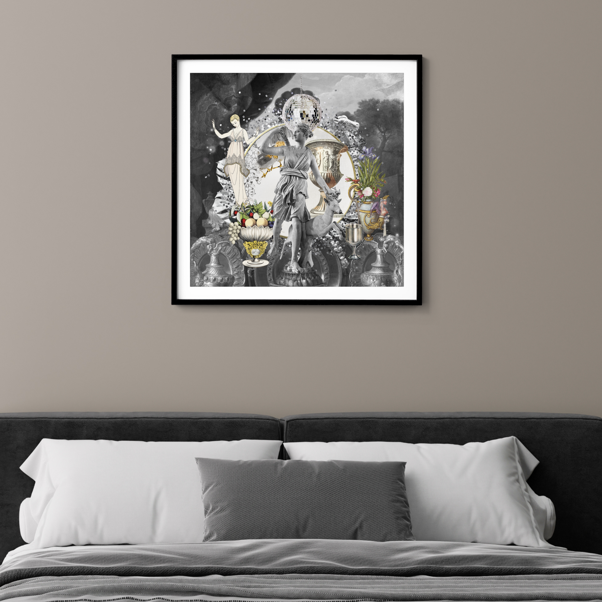 Framed Silver Art Print hanging in home, a sophisticated original digital artwork with cultural meaning and luxury appeal.