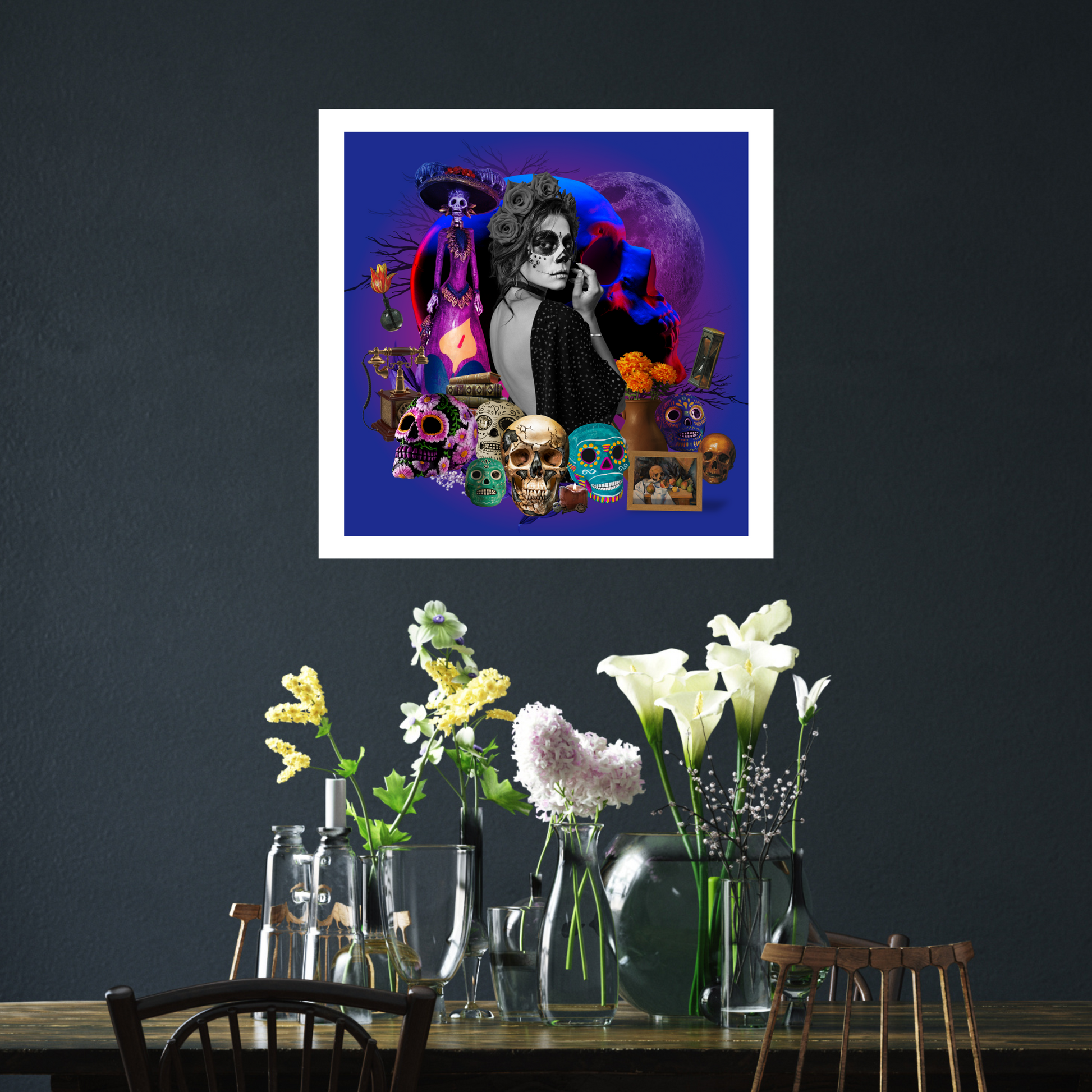Skulls Art Print displayed on a wall in a modern home setting, showcasing striking digital artwork of skulls that brings a touch of edgy and intriguing design.