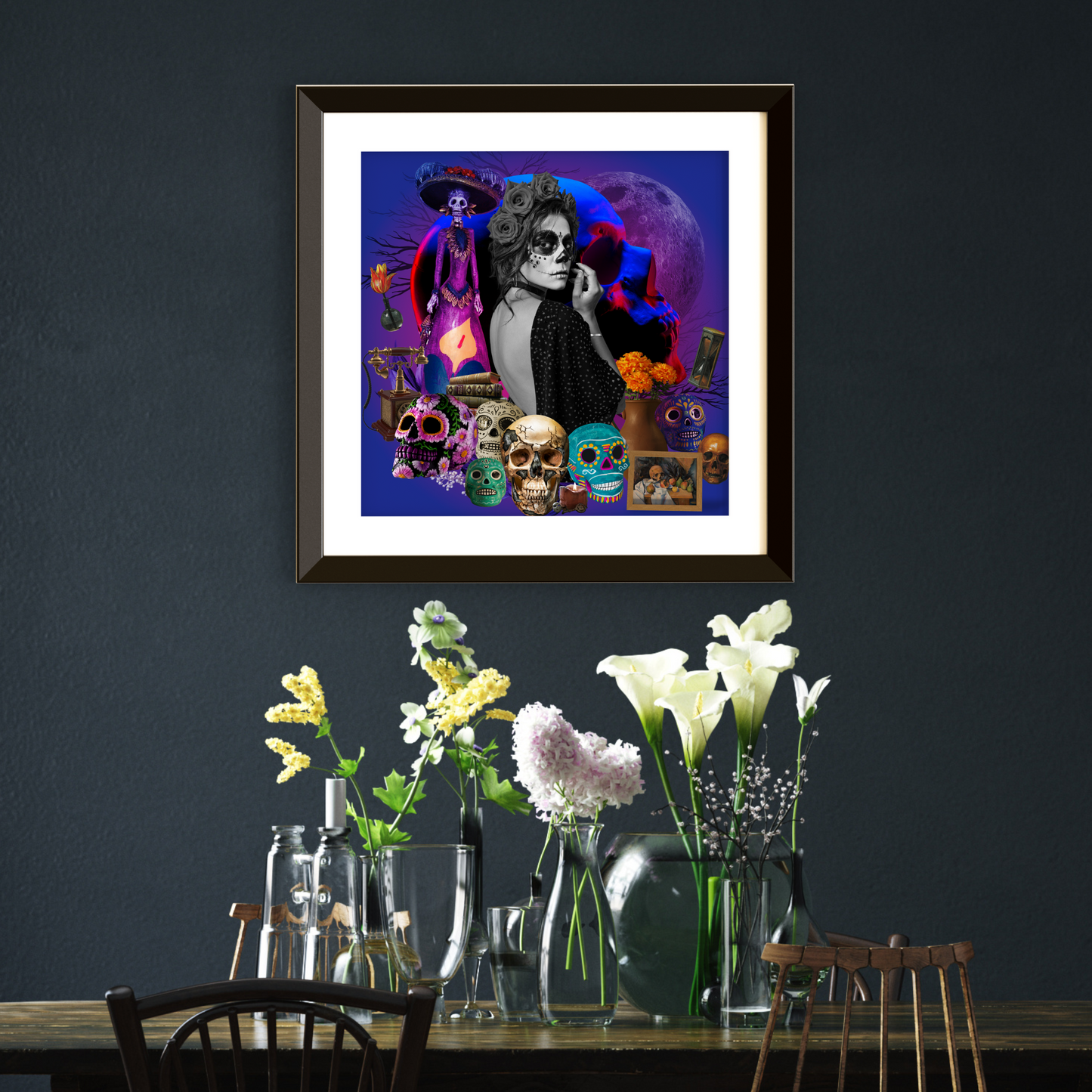 Framed Skulls Art Print hanging on the wall of a home, featuring high-quality digital artwork with detailed skull imagery, enhancing the decor with its bold design.
