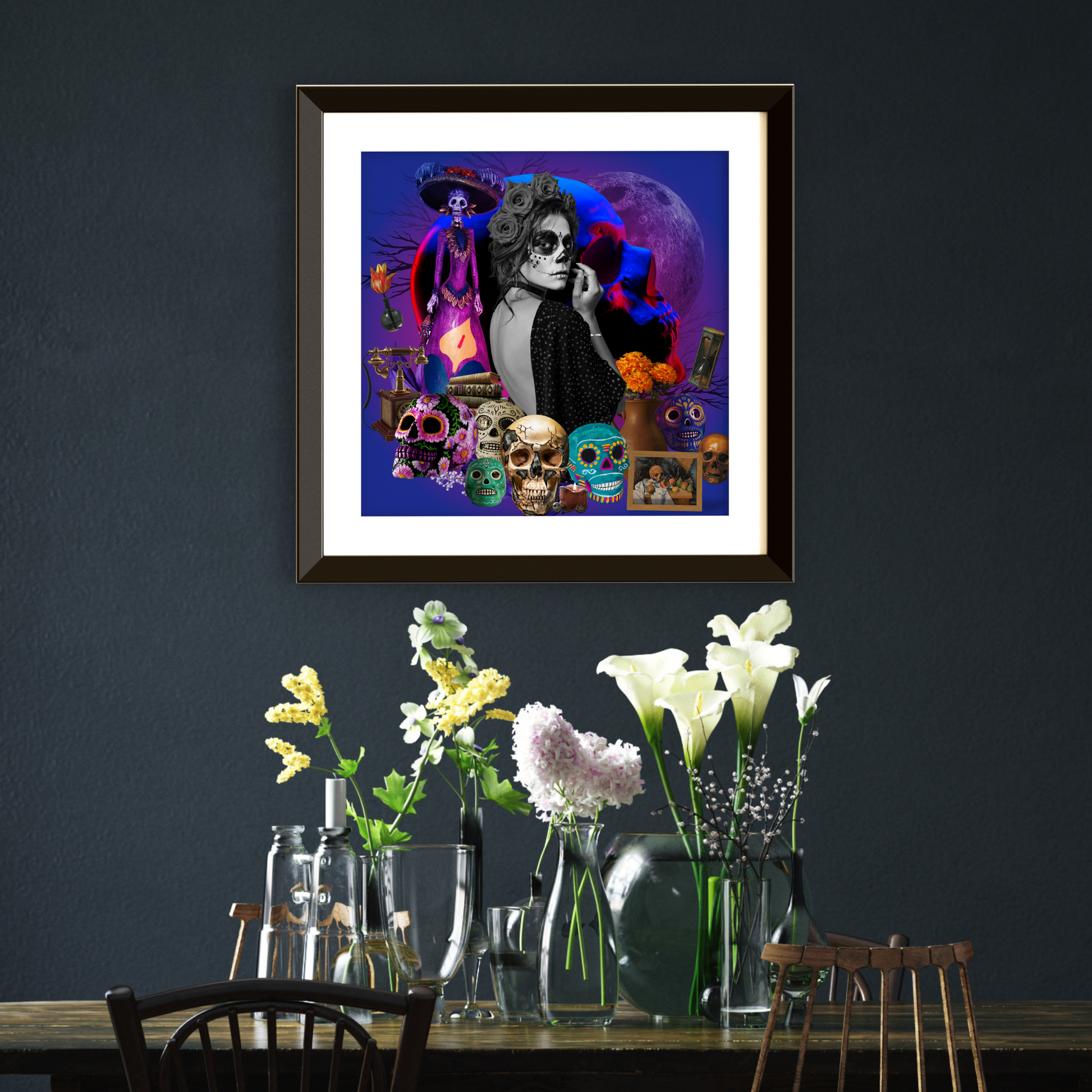 Framed Skulls Art Print hanging on the wall of a home, featuring high-quality digital artwork with detailed skull imagery, enhancing the decor with its bold design.