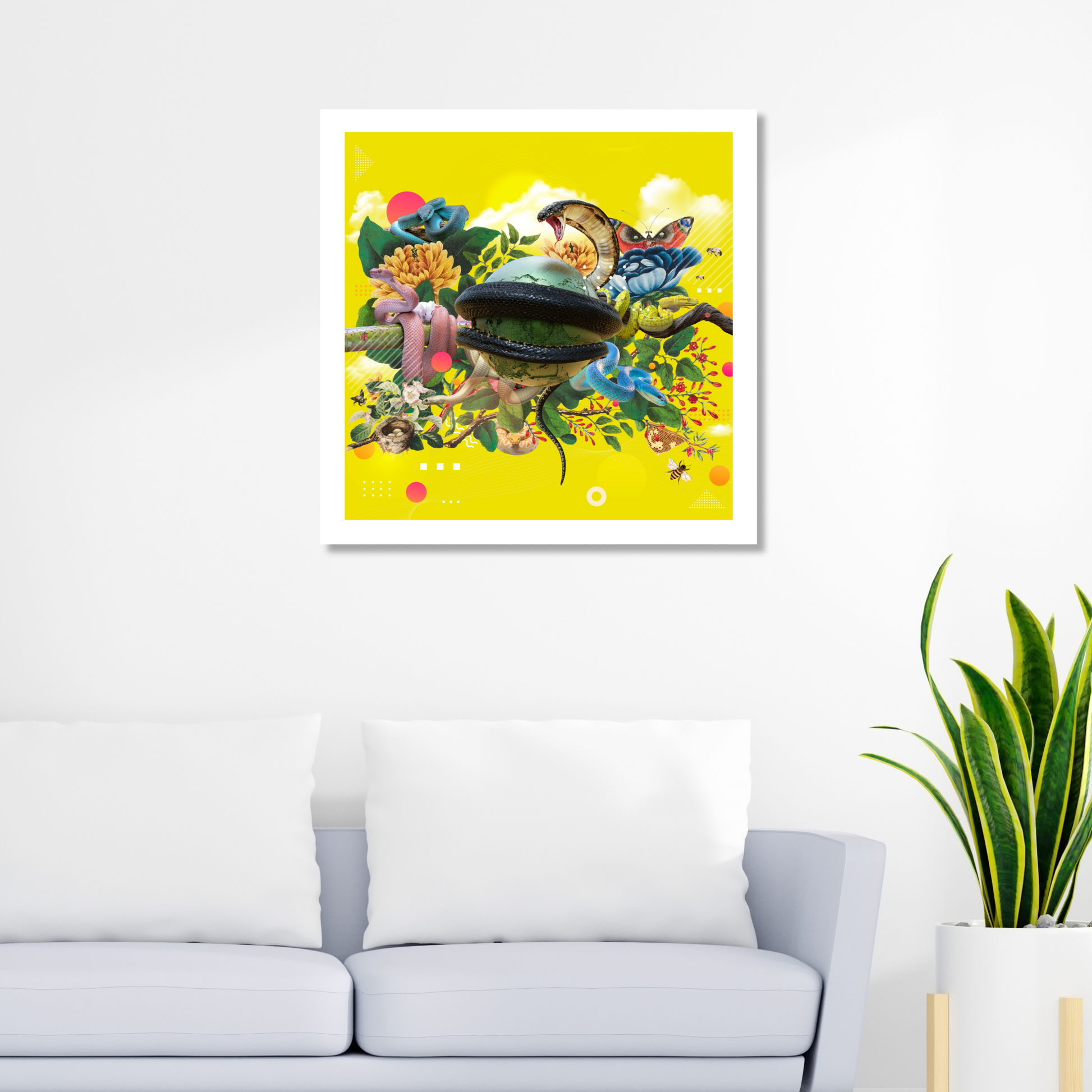 Snake Art Print displayed in a modern living room. The artwork showcases a snake, highlighting themes of transformation and rebirth, adding sophistication and symbolic depth to the decor.