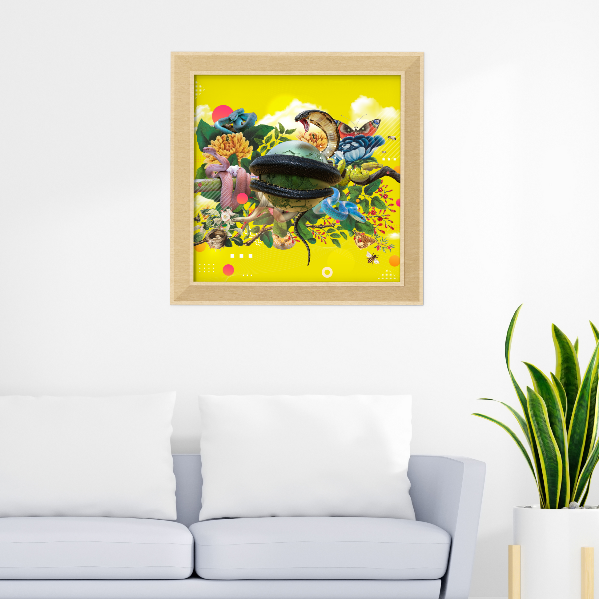 Framed Snake Art Print in a stylish living room. The print features a snake, representing transformation and resilience, enhancing the room with its elegant and symbolic design.