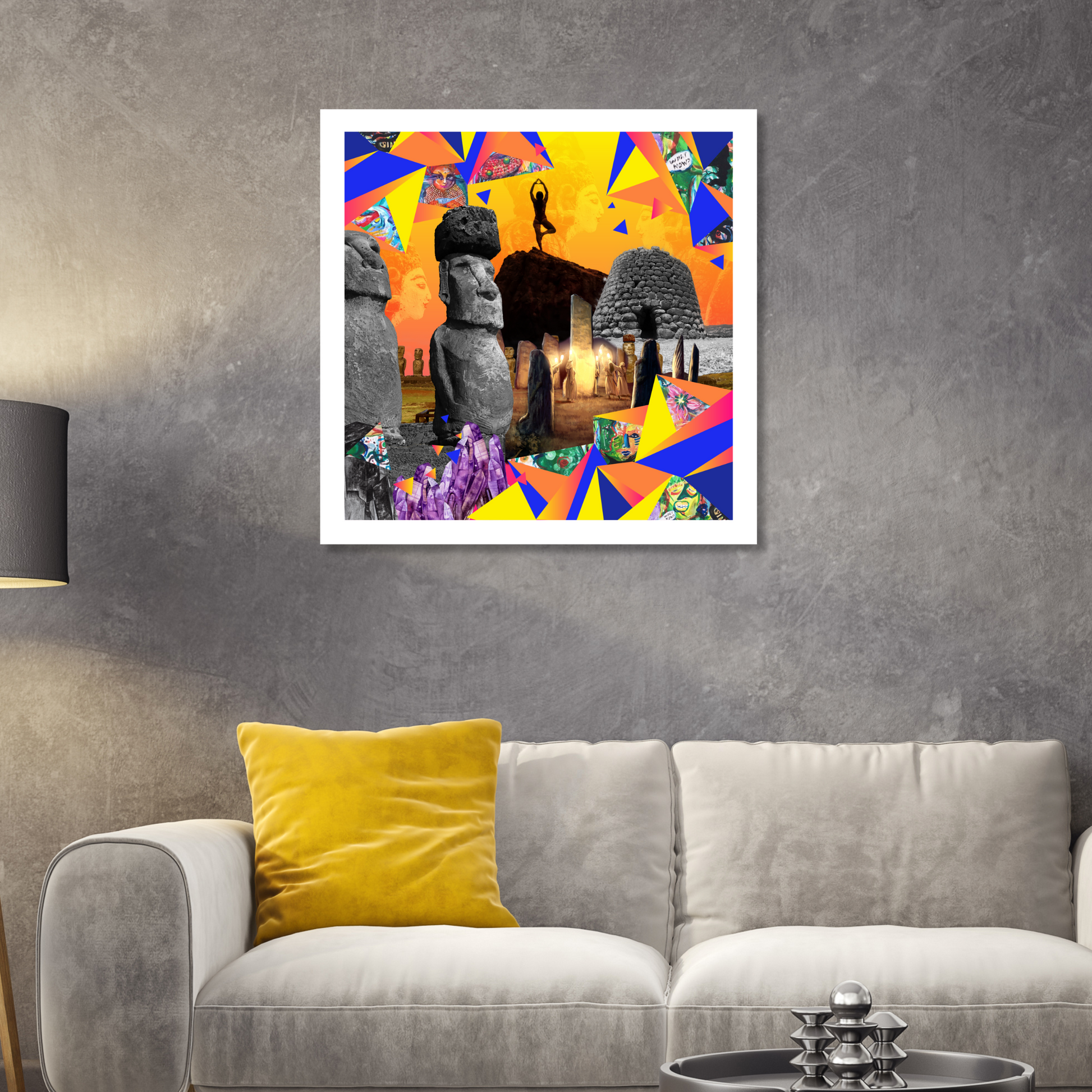 Stones Art Print displayed on a wall in a modern home, featuring striking digital artwork of various stones that enhances the space with its natural beauty and artistic sophistication.