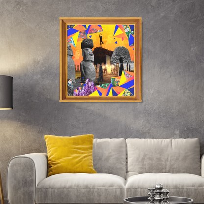 Framed Stones Art Print hanging on a living room wall, showcasing high-quality digital artwork of stones, adding a touch of elegance and depth to the home decor.