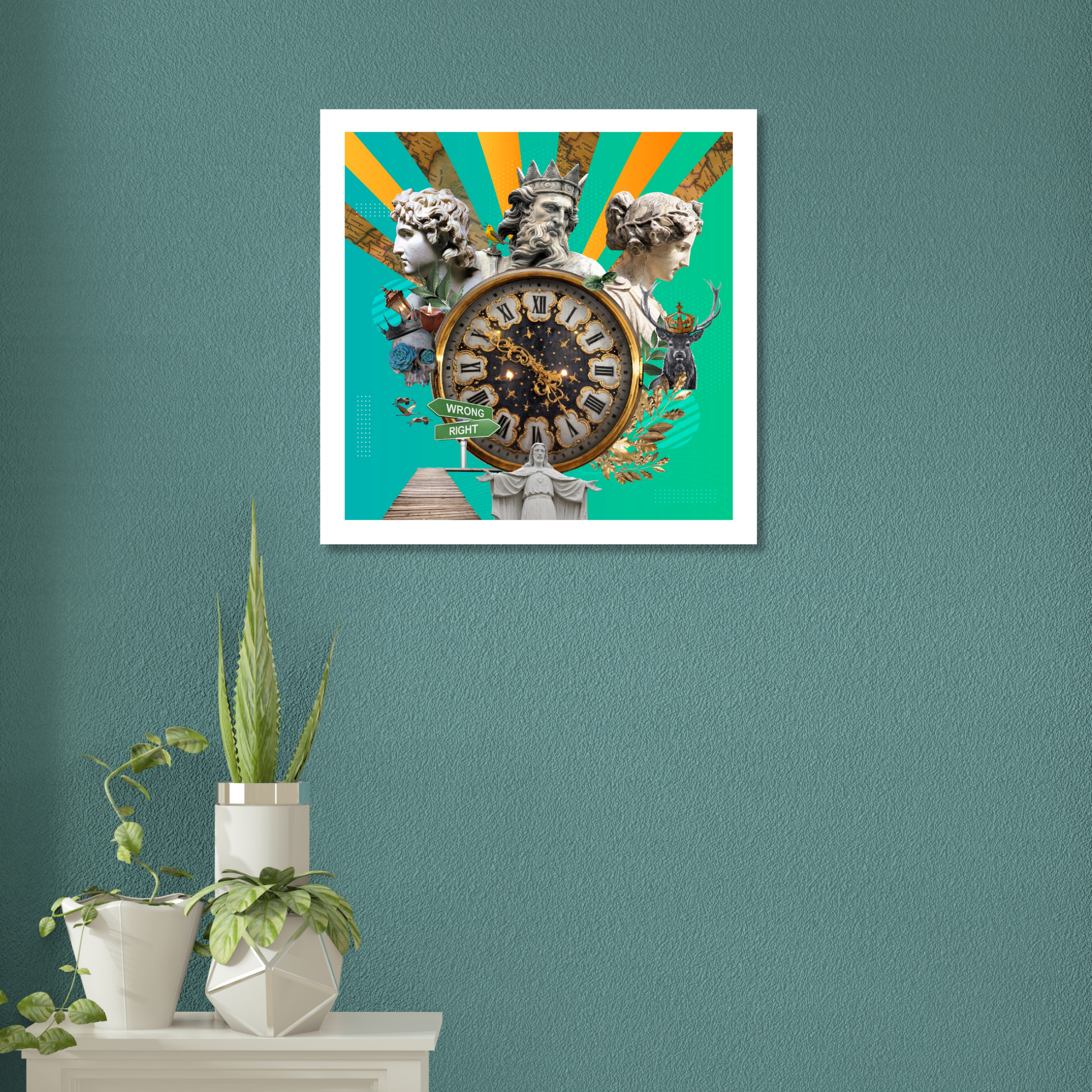 Supernatural Intervention Art Print displayed on a wall in a modern home setting, featuring striking digital artwork of supernatural forces that enhances the space with its captivating design.