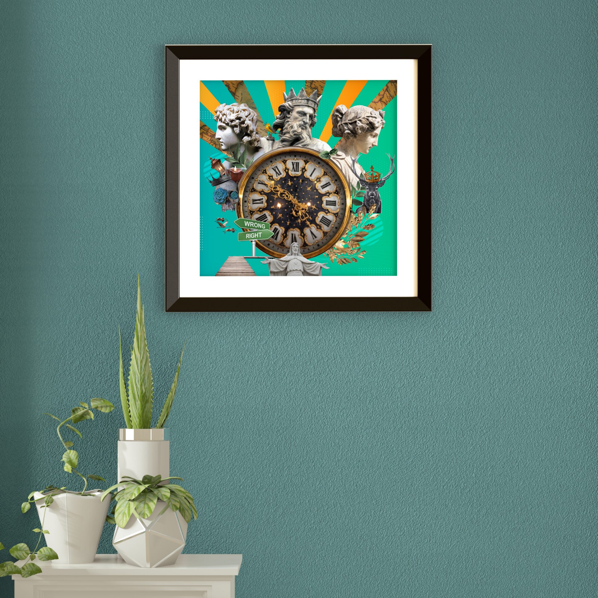 Framed Supernatural Intervention Art Print hanging on the wall of a living room, featuring high-quality digital artwork with mysterious and divine themes, adding sophistication to the decor.