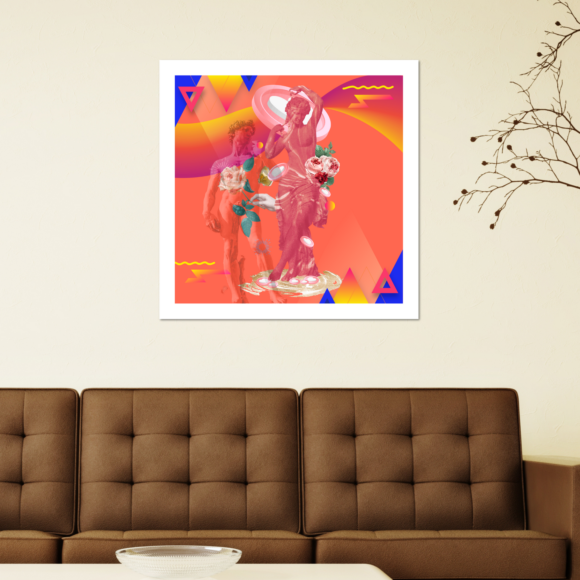 The Anima Art Print displayed on a wall in a modern living room, showcasing its intricate design of feminine and masculine elements for elegant home decor.