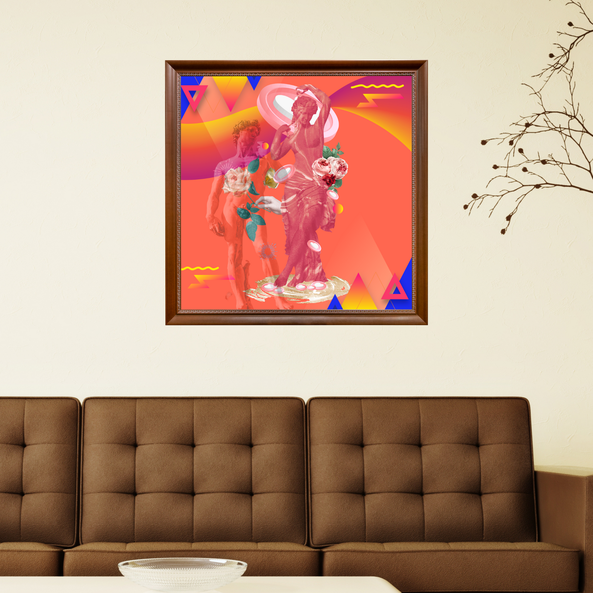 The Anima Art Print framed and hanging on the wall in a cozy home highlighting the beautiful balance of archetypal energies and adding sophistication to the decor.