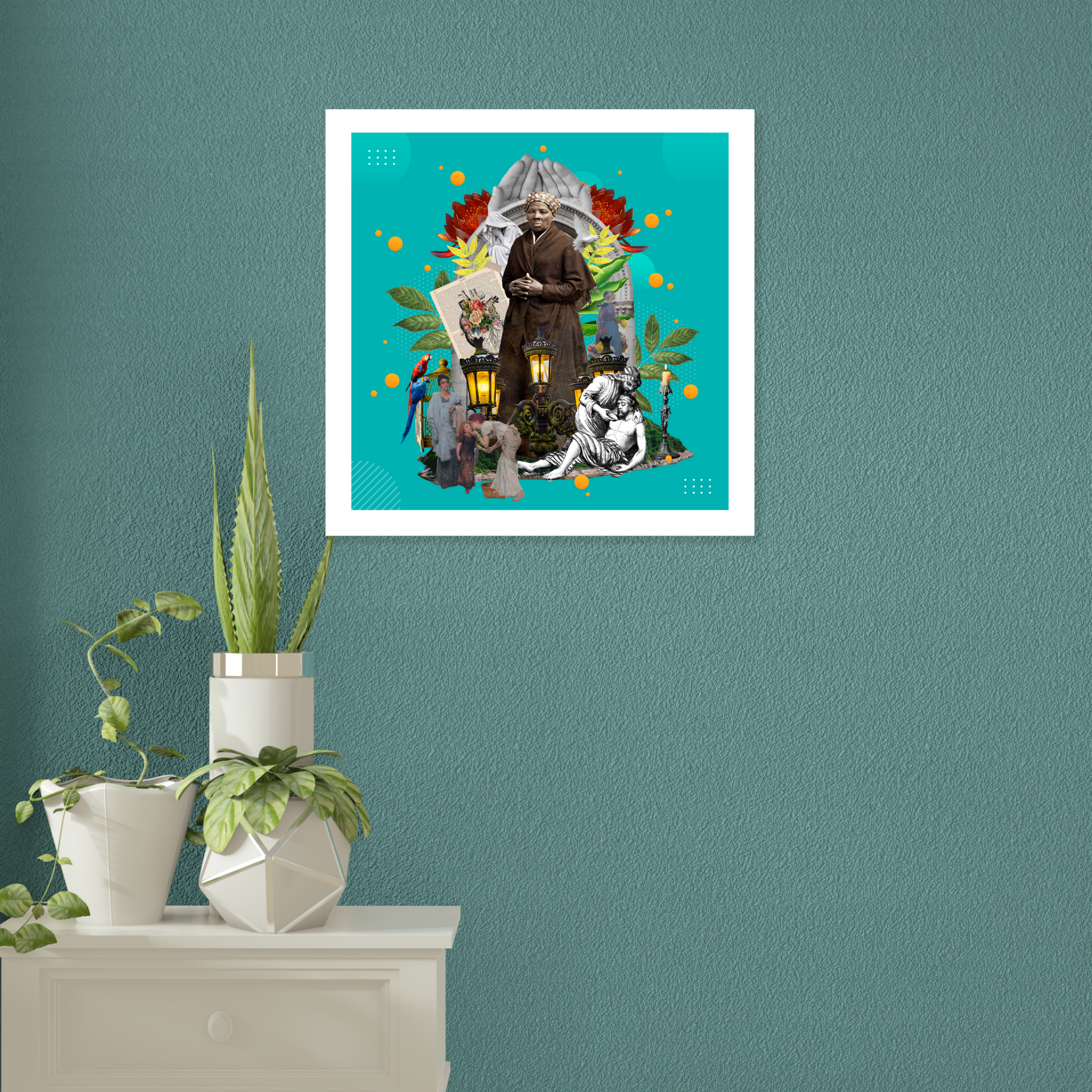 The Caregiver Art Print hanging on the wall in a living room – Original wall decor that captures the essence of selflessness and compassion.