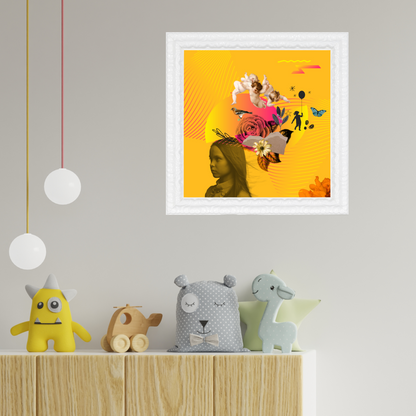 The Child Art Print framed and hanging on a wall in a home – Original wall decor featuring captivating digital artwork, perfect for enhancing living spaces.