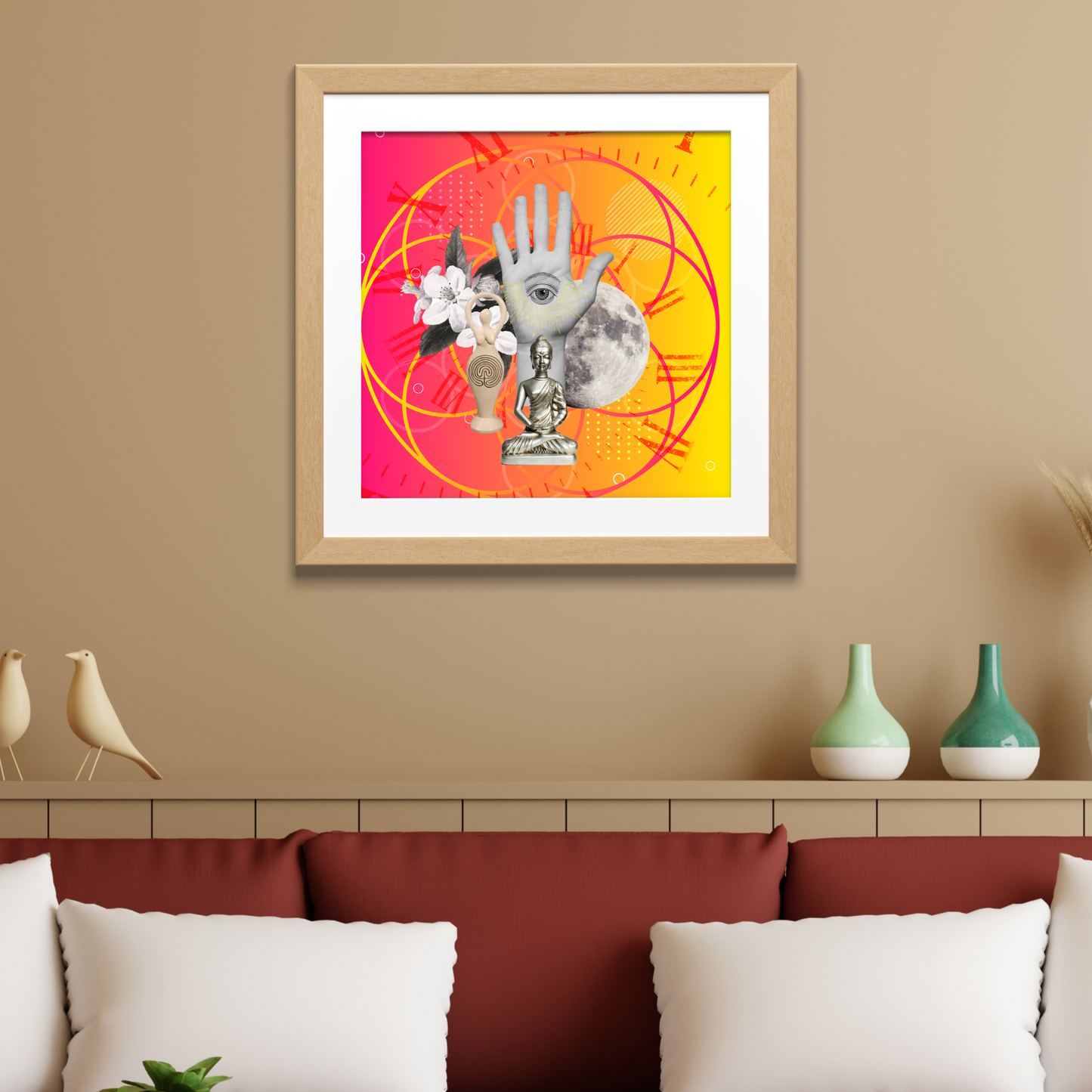 The Circle Art Print framed and hanging on a home wall, a high-quality archetype art print showcasing a refined circle design for stylish home decor.