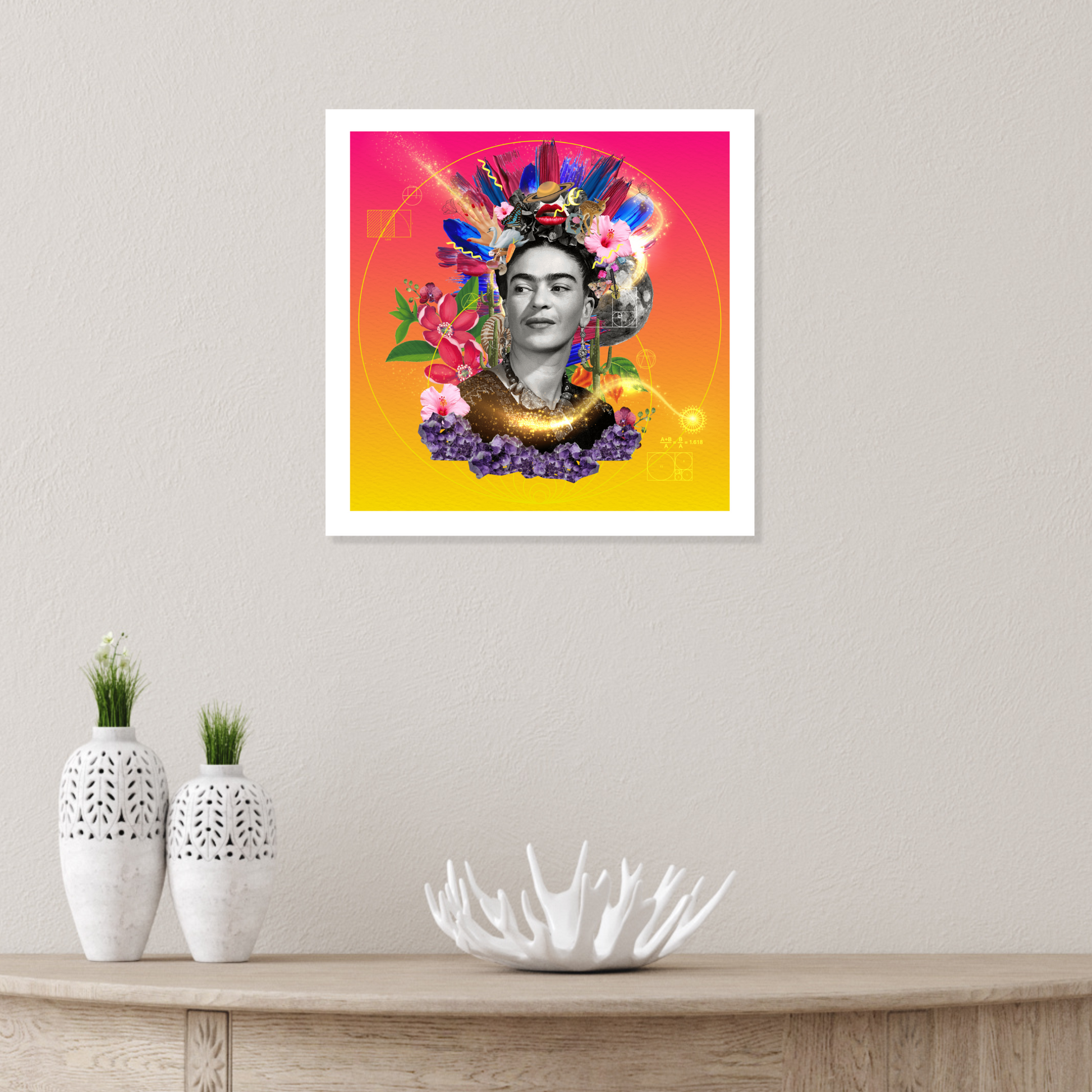 The Creator Art Print, with Frida Kahlo as the focal point, displayed on a wall in a home setting highlights creativity and innovation, adding a dynamic touch to home decor.