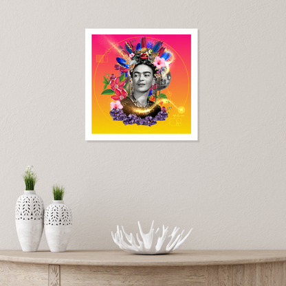 The Creator Art Print, with Frida Kahlo as the focal point, displayed on a wall in a home setting highlights creativity and innovation, adding a dynamic touch to home decor.