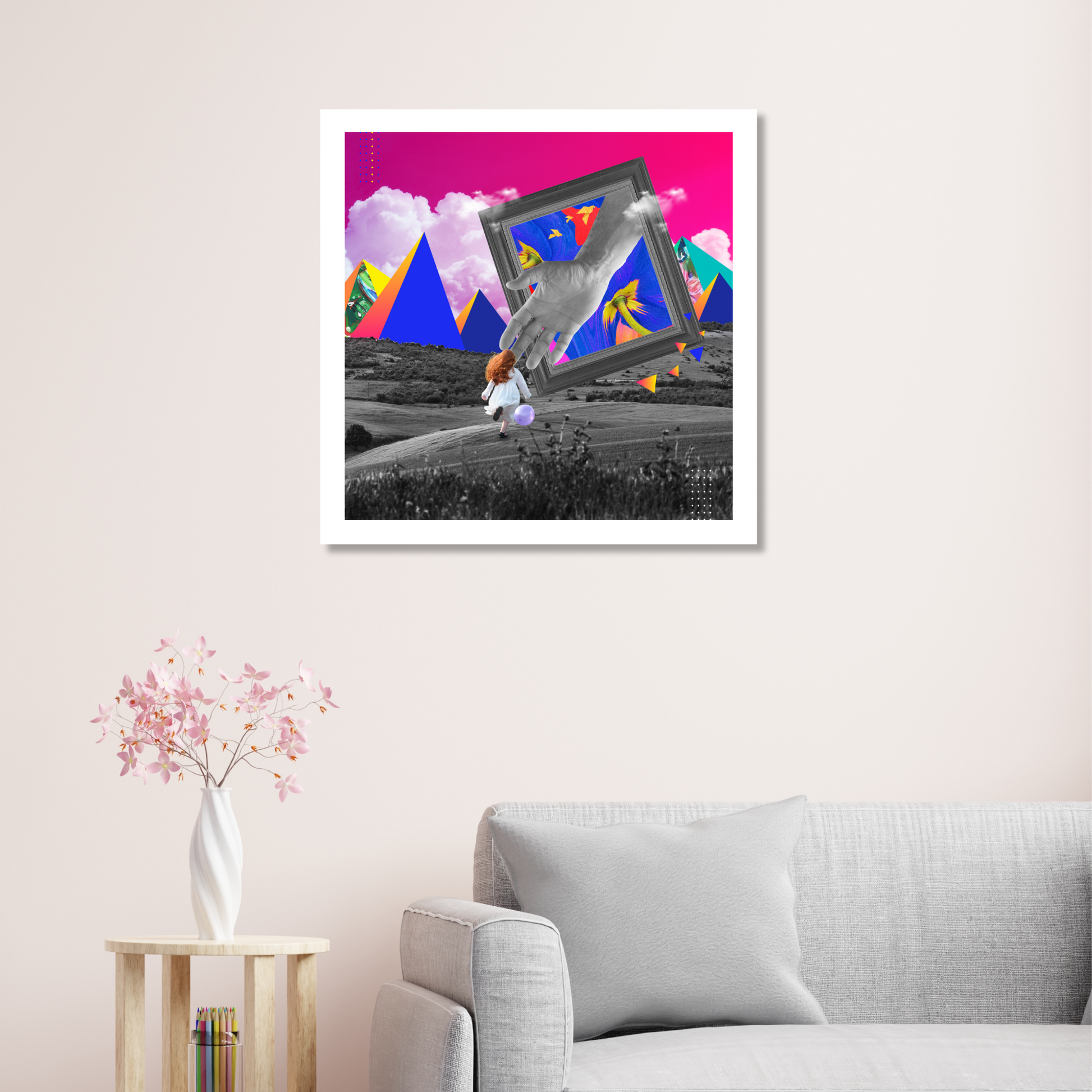 The Fall Art Print displayed on a home wall, showcasing a vivid scene of an innocent girl reaching out to an alluring but warped paradise, capturing the descent from reality into a deceptive world.