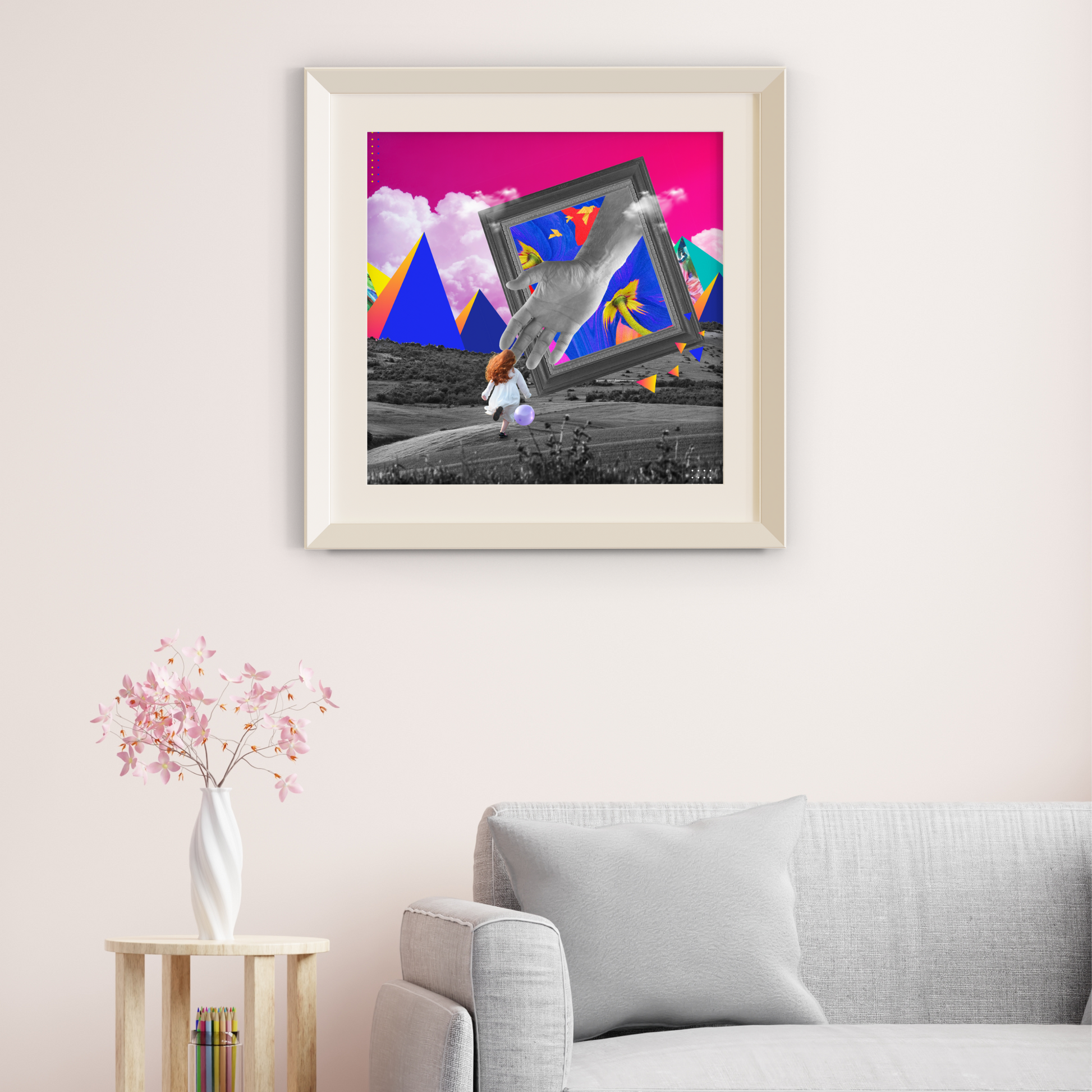 Framed Fall Art Print hanging in a home, depicting a girl's journey from a dull reality to a seemingly vibrant yet twisted paradise, symbolizing innocence lost and the allure of a deceptive world.