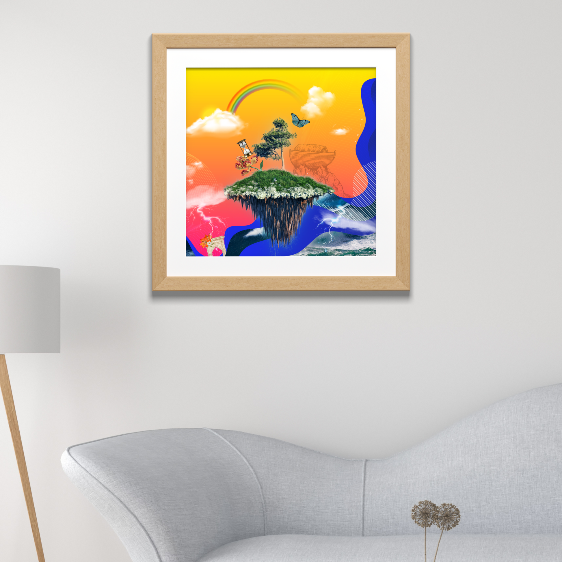 Framed The Flood Art Print hanging on a living room wall, showcasing high-quality digital artwork of a flood, adding sophistication and depth to the home decor.